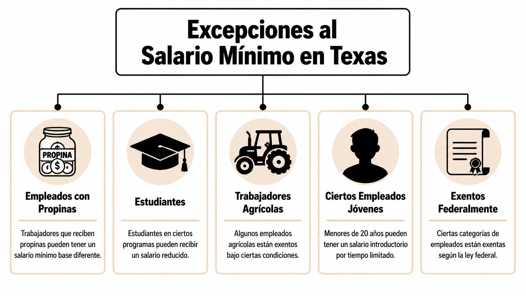 Infografía sobre las excepciones a la ley de salario mínimo aplicables en el estado de Texas.