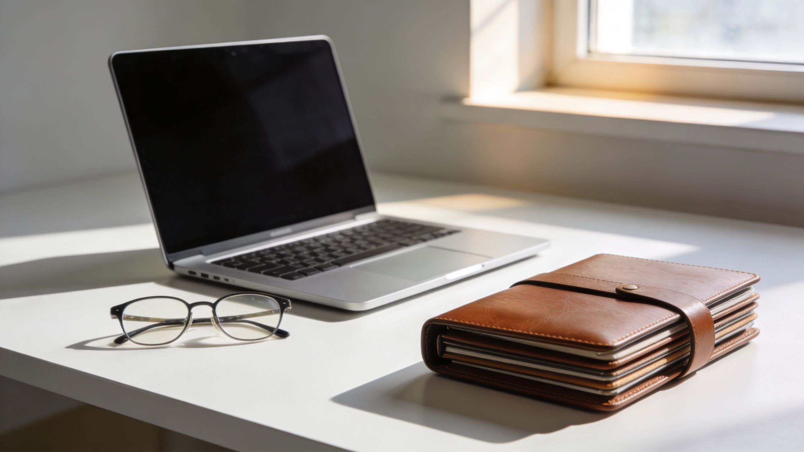 Computadora portátil, gafas graduadas y una agenda de cuero sobre un escritorio blanco cerca de la ventana.