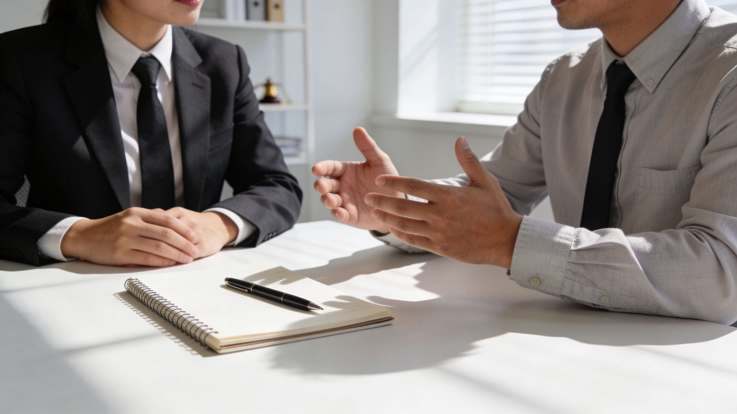 Dos profesionales vestidos formalmente en una oficina hablando sobre un caso de discapacidad sentado frente a una mesa