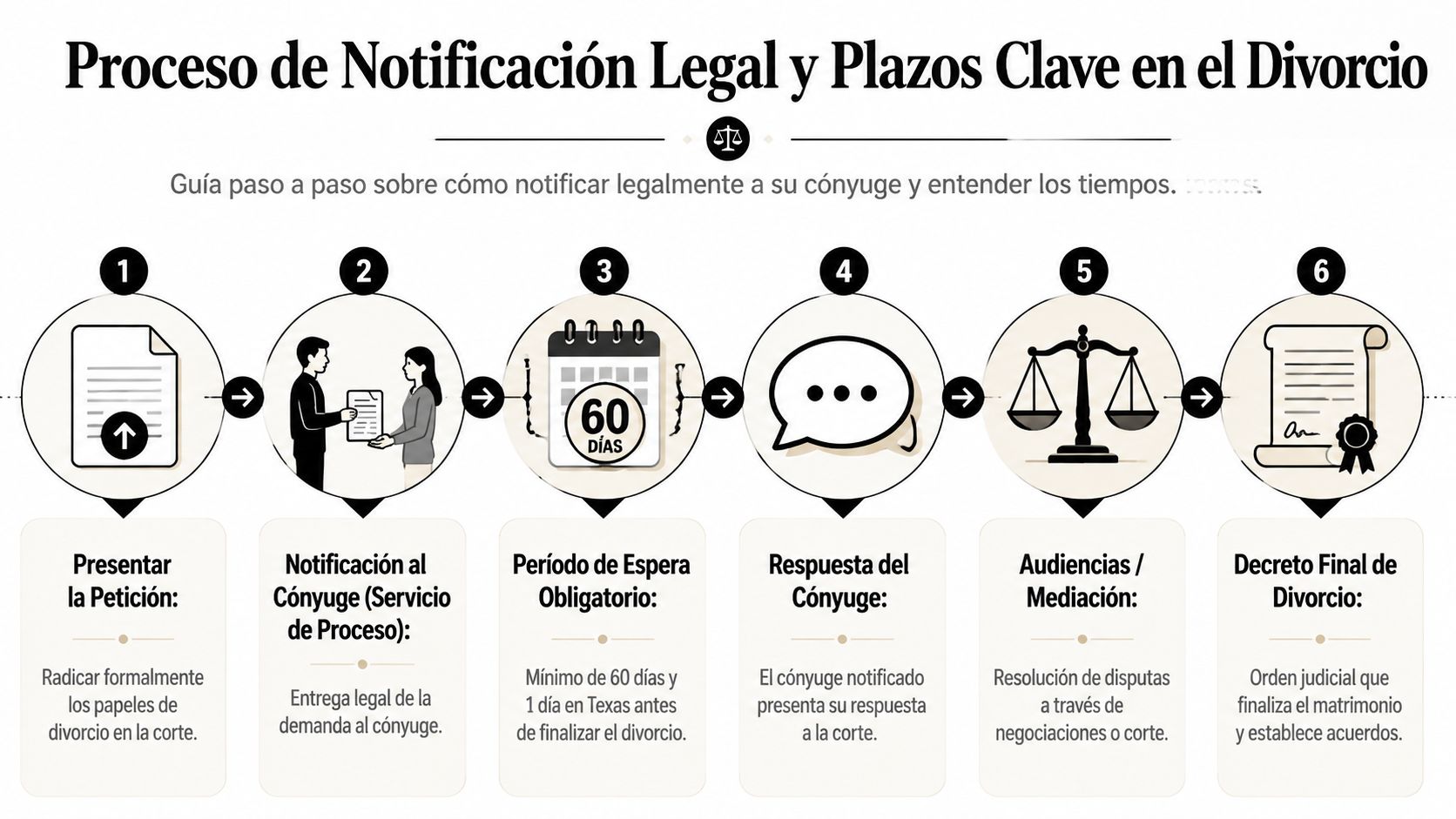 Infografía paso a paso sobre el proceso legal de divorcio y los plazos requeridos en Texas.