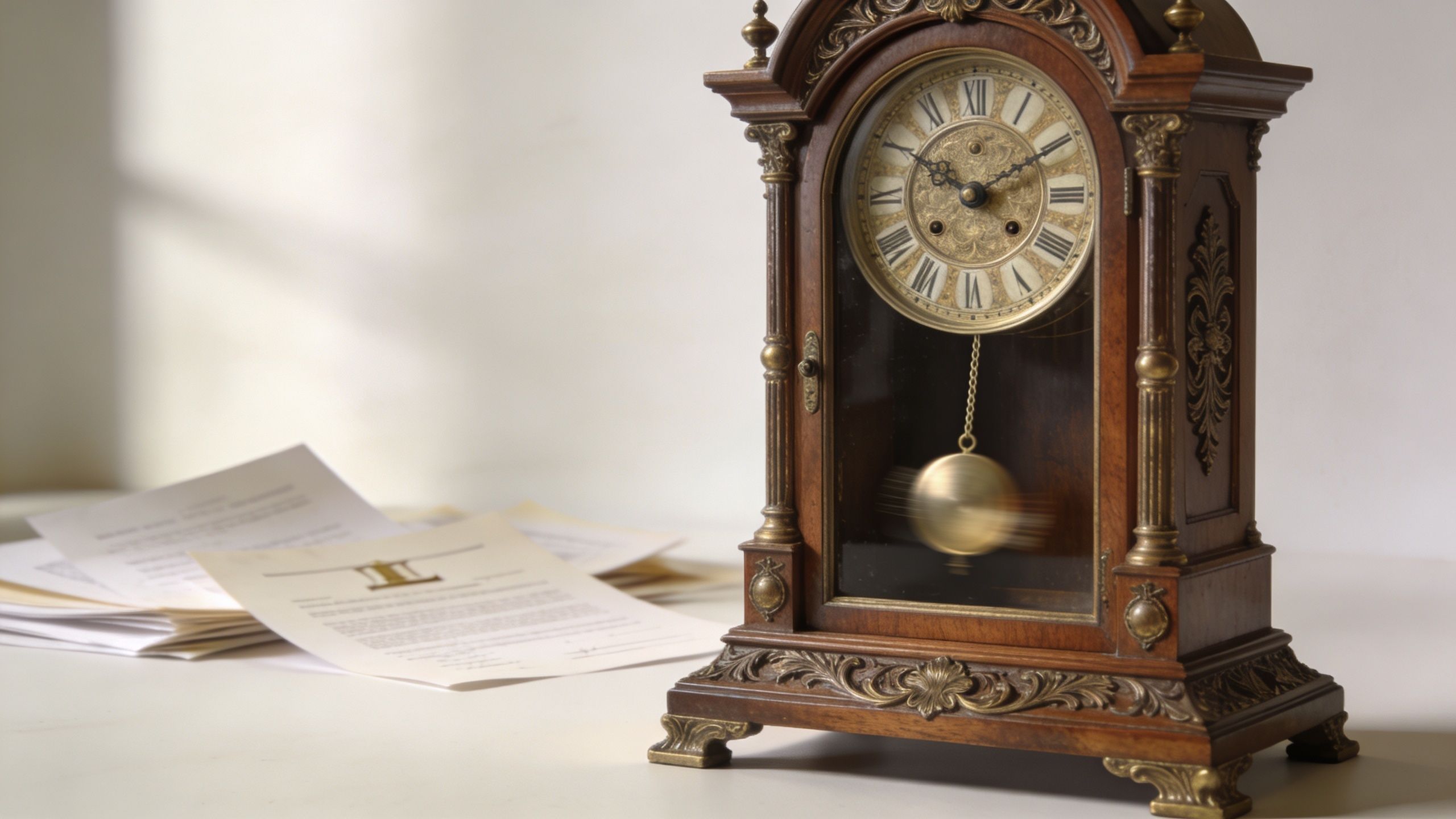 Un reloj de péndulo antiguo junto a documentos legales sobre una superficie blanca.