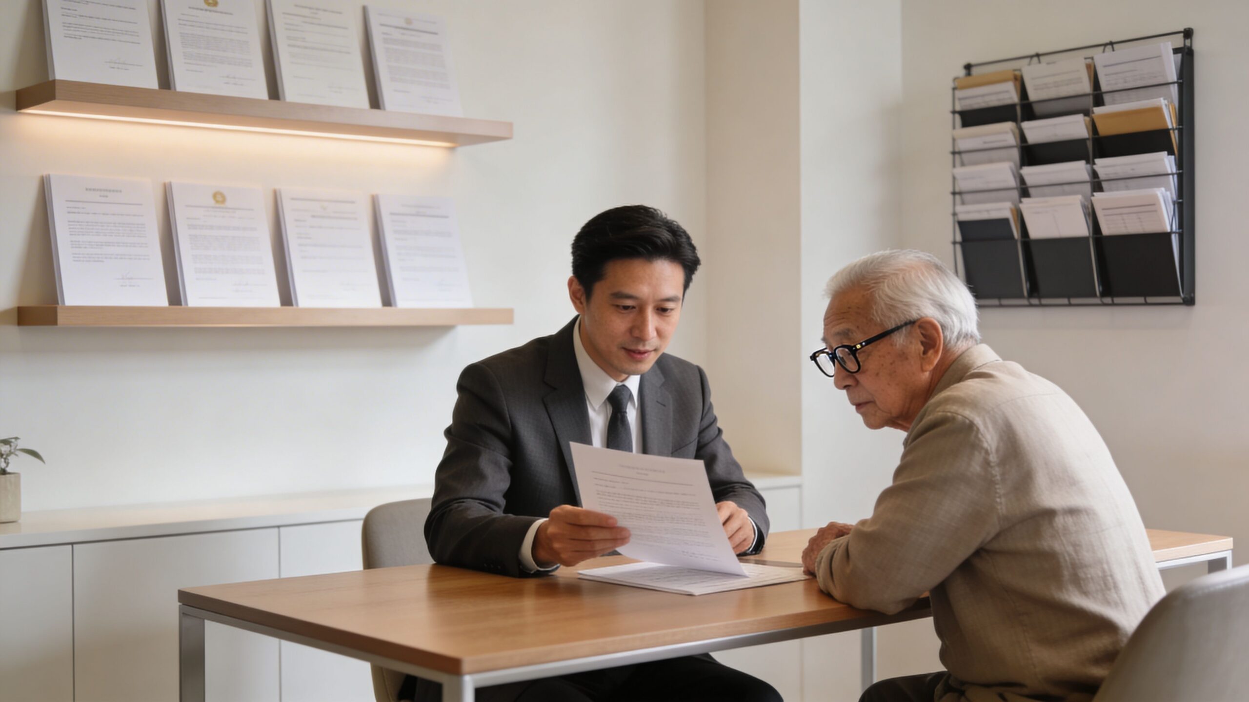 Un abogado joven asesora a un hombre mayor revisando documentos legales importantes en una oficina profesional moderna.