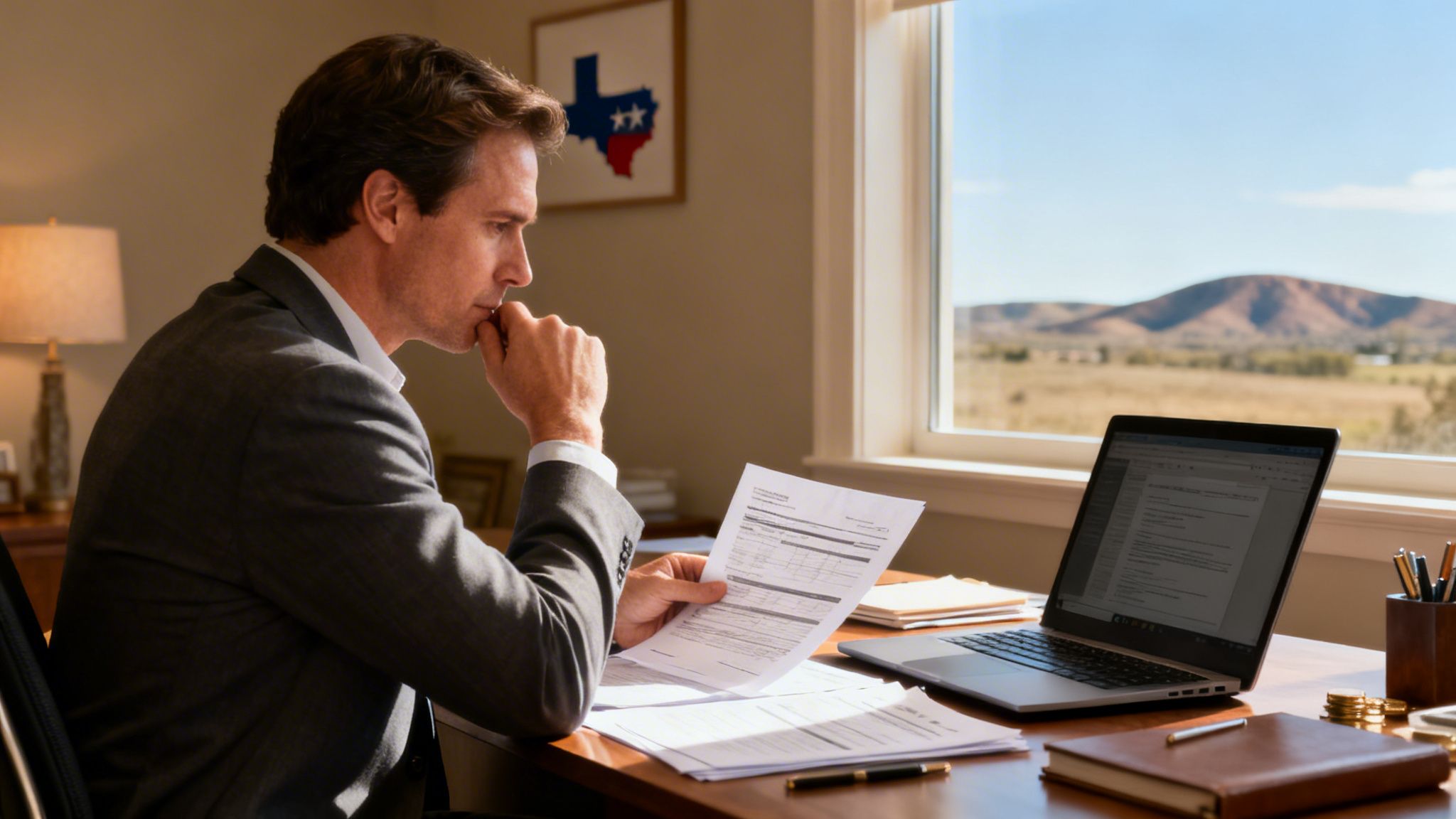 Un hombre de negocios analizando documentos importantes frente a su computadora en una oficina con vista panorámica