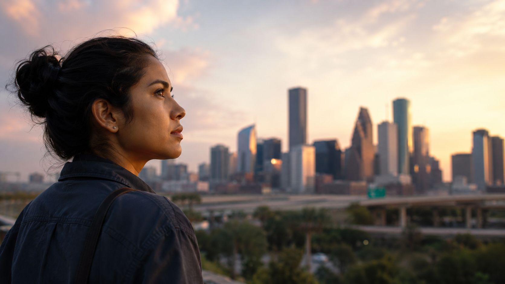 Una mujer joven reflexiva observa el perfil urbano de Houston durante un hermoso atardecer naranja.