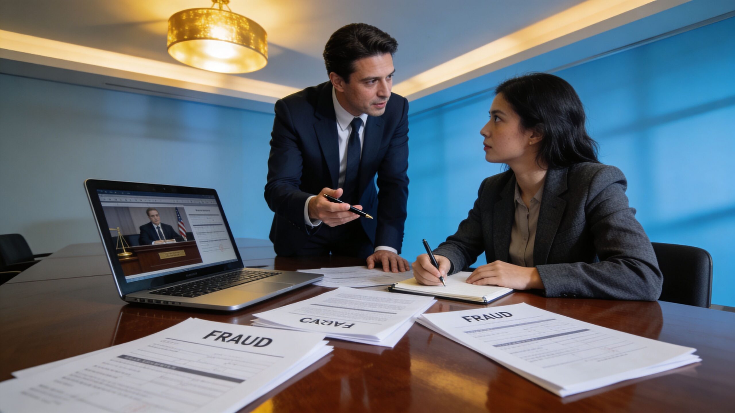 Abogados profesionales analizando documentos de fraude en una oficina corporativa con una computadora portátil sobre la mesa.