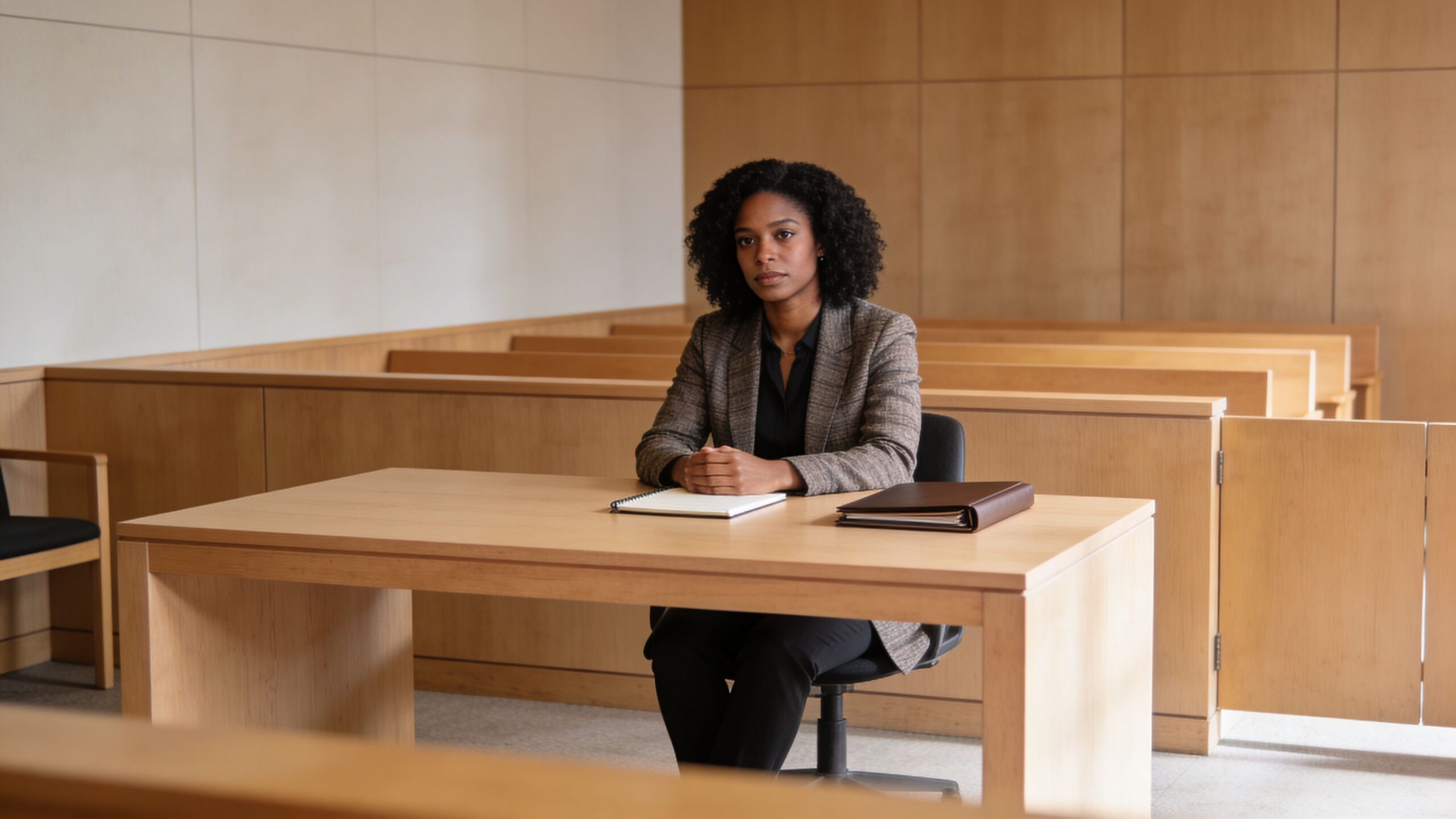 Una mujer profesional sentada en una mesa de madera dentro de una sala de tribunal legal formal.