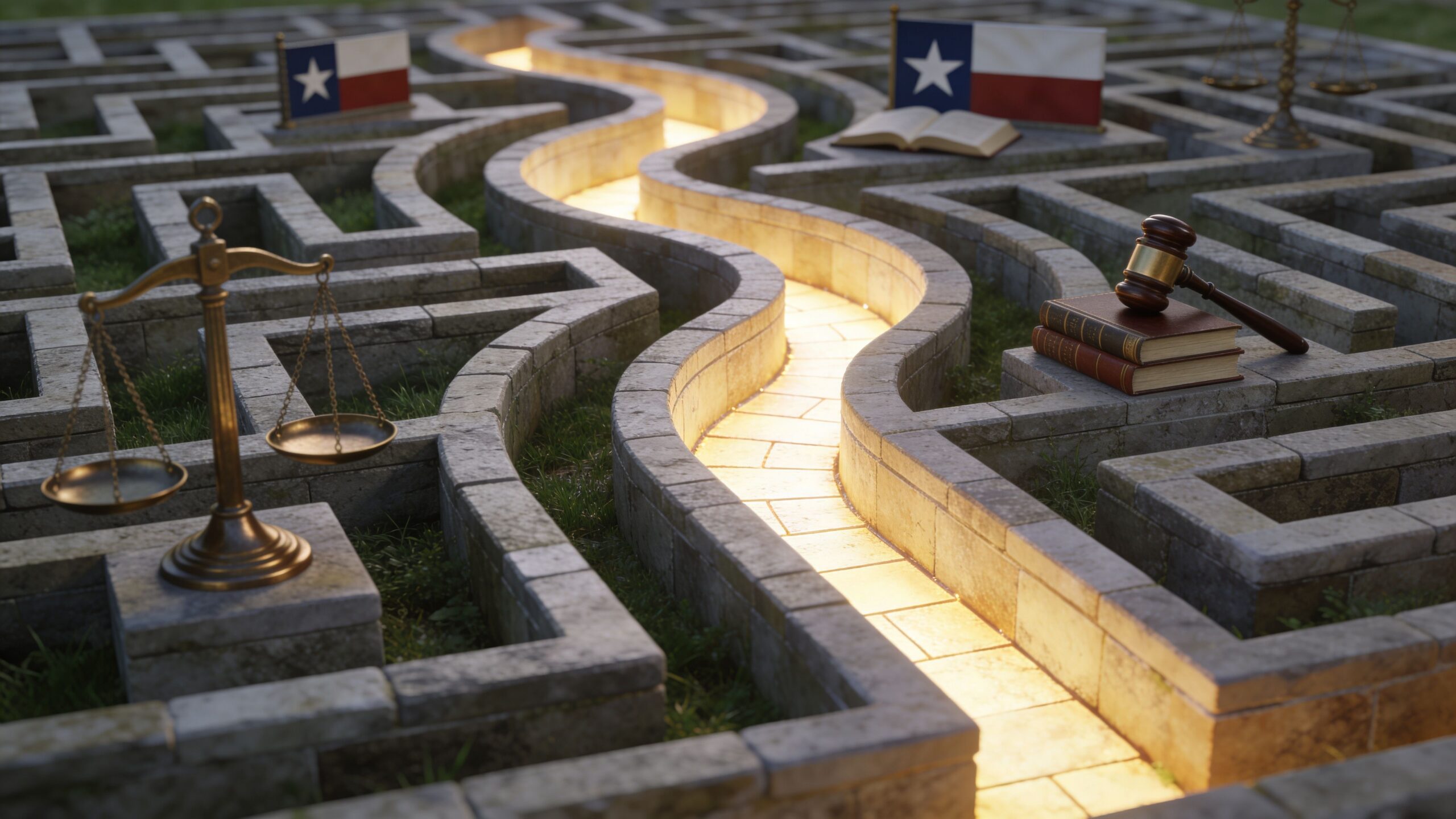 Laberinto de piedra con símbolos legales como la balanza de la justicia y la bandera de Texas.