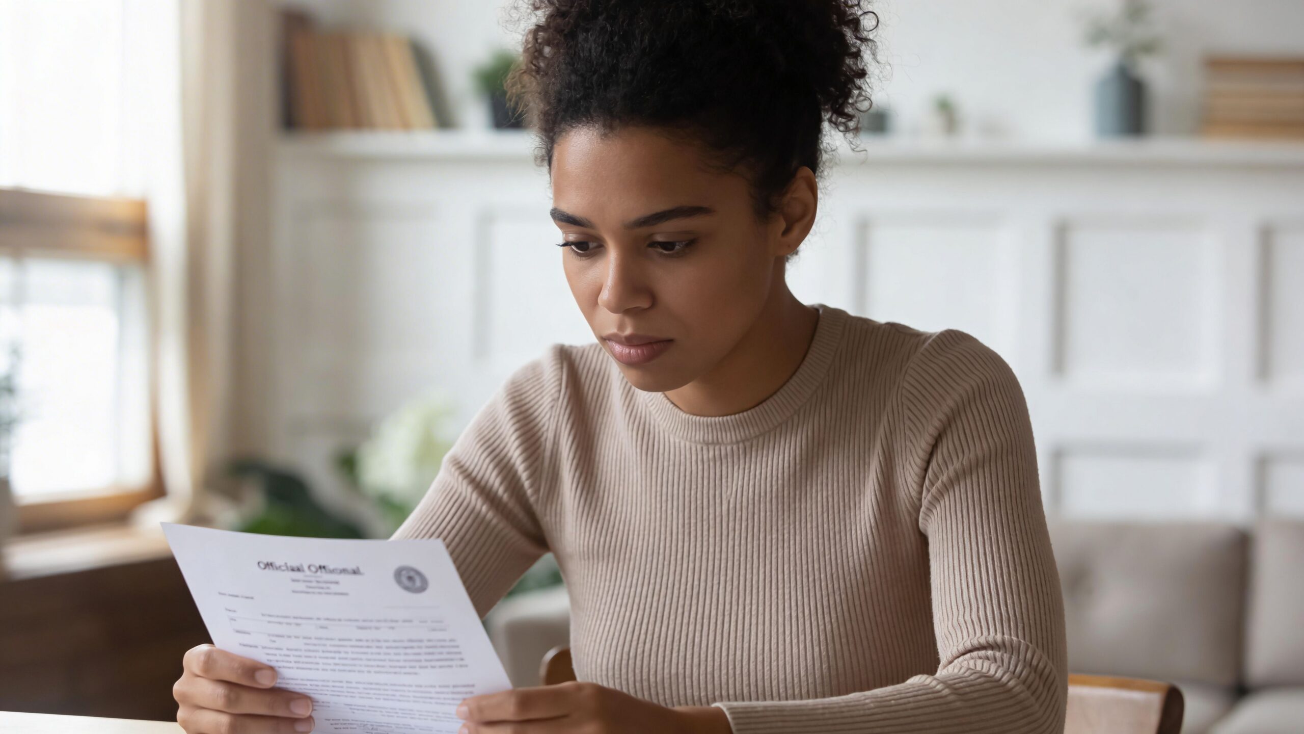 Una mujer joven con cabello rizado leyendo cuidadosamente un documento importante mientras está sentada en casa.