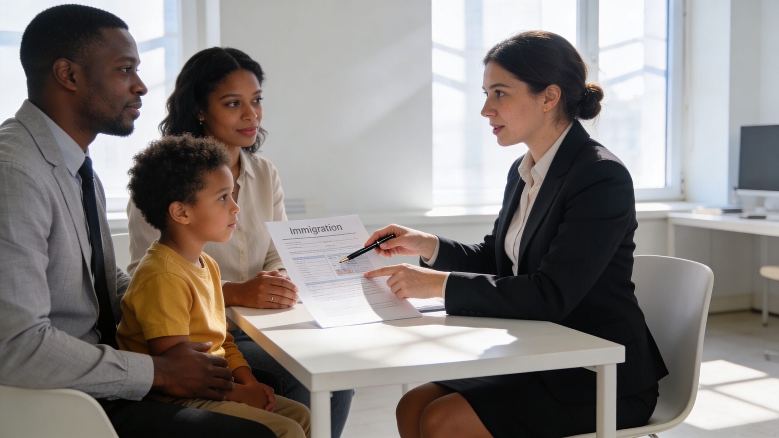 Una familia en una consulta con una abogada de inmigración revisando documentos importantes en una oficina profesional.