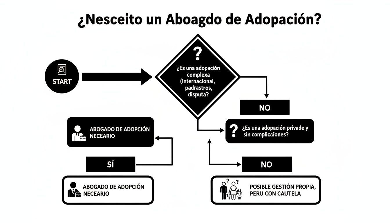 Diagrama de flujo sobre cuándo se necesita un abogado de adopción, considerando la complejidad del caso.