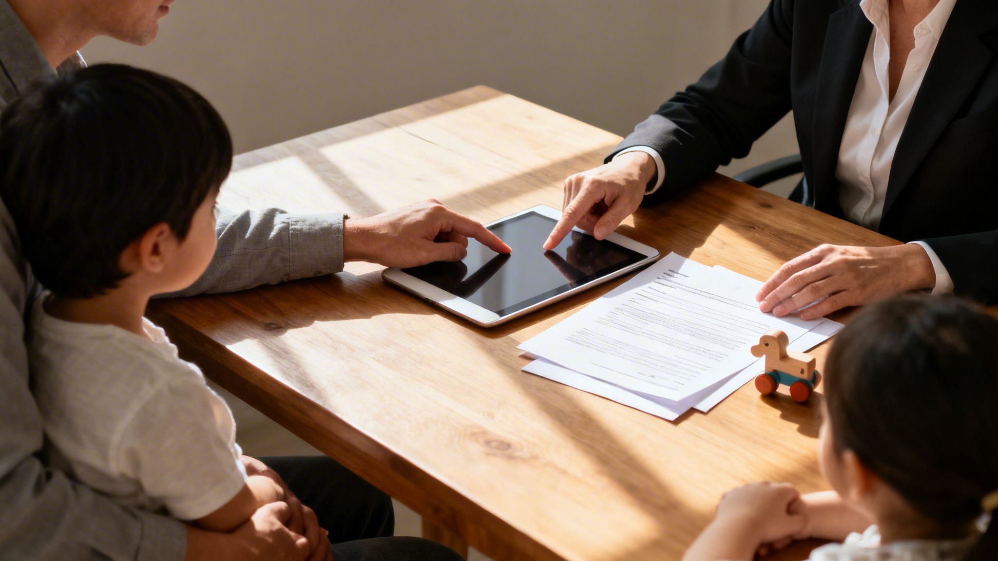 Padre y abogado revisan documentos en una tableta con niños presentes, discutiendo temas familiares.