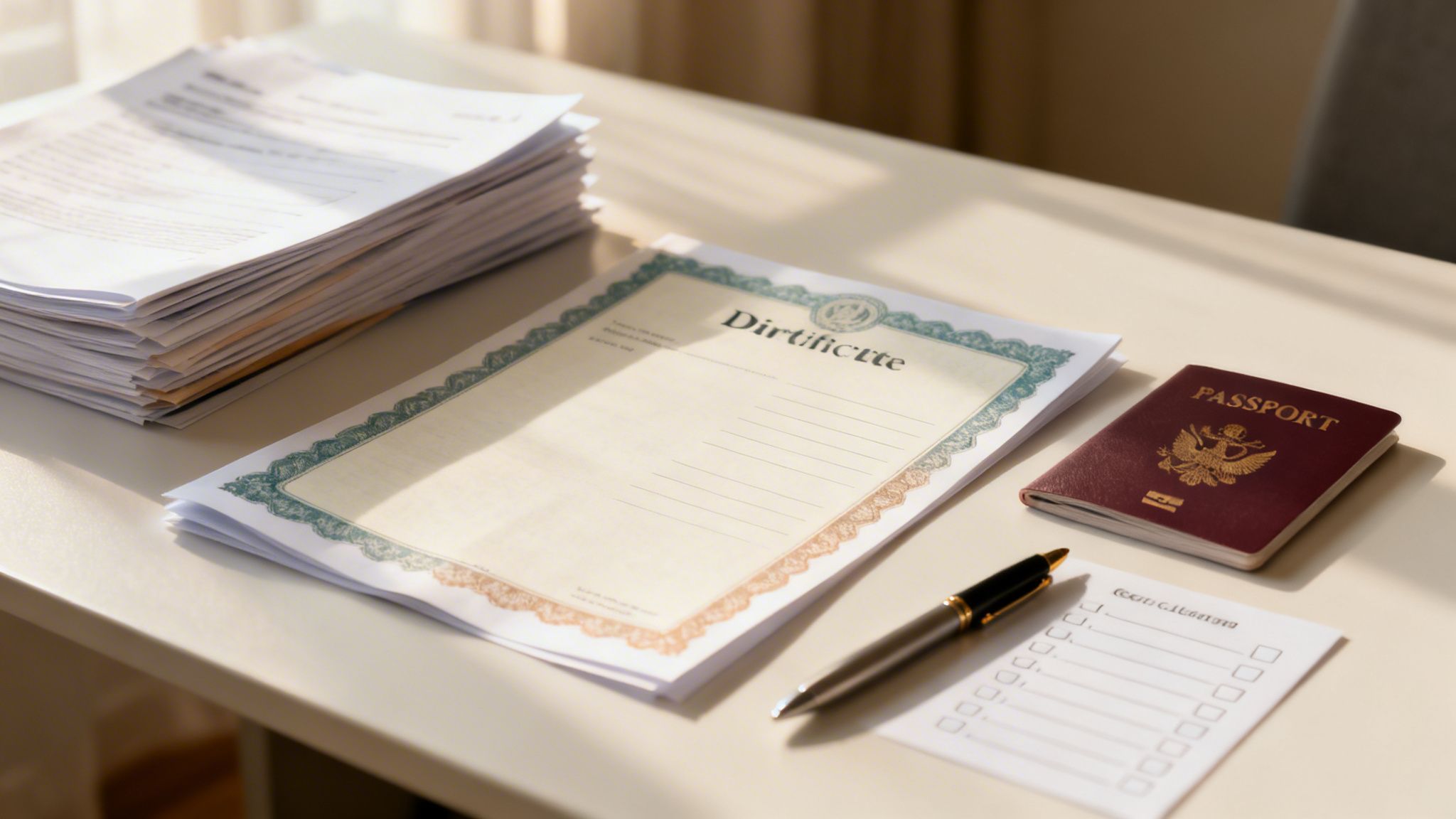 Escritorio con pila de documentos, un certificado, un pasaporte y material de oficina.