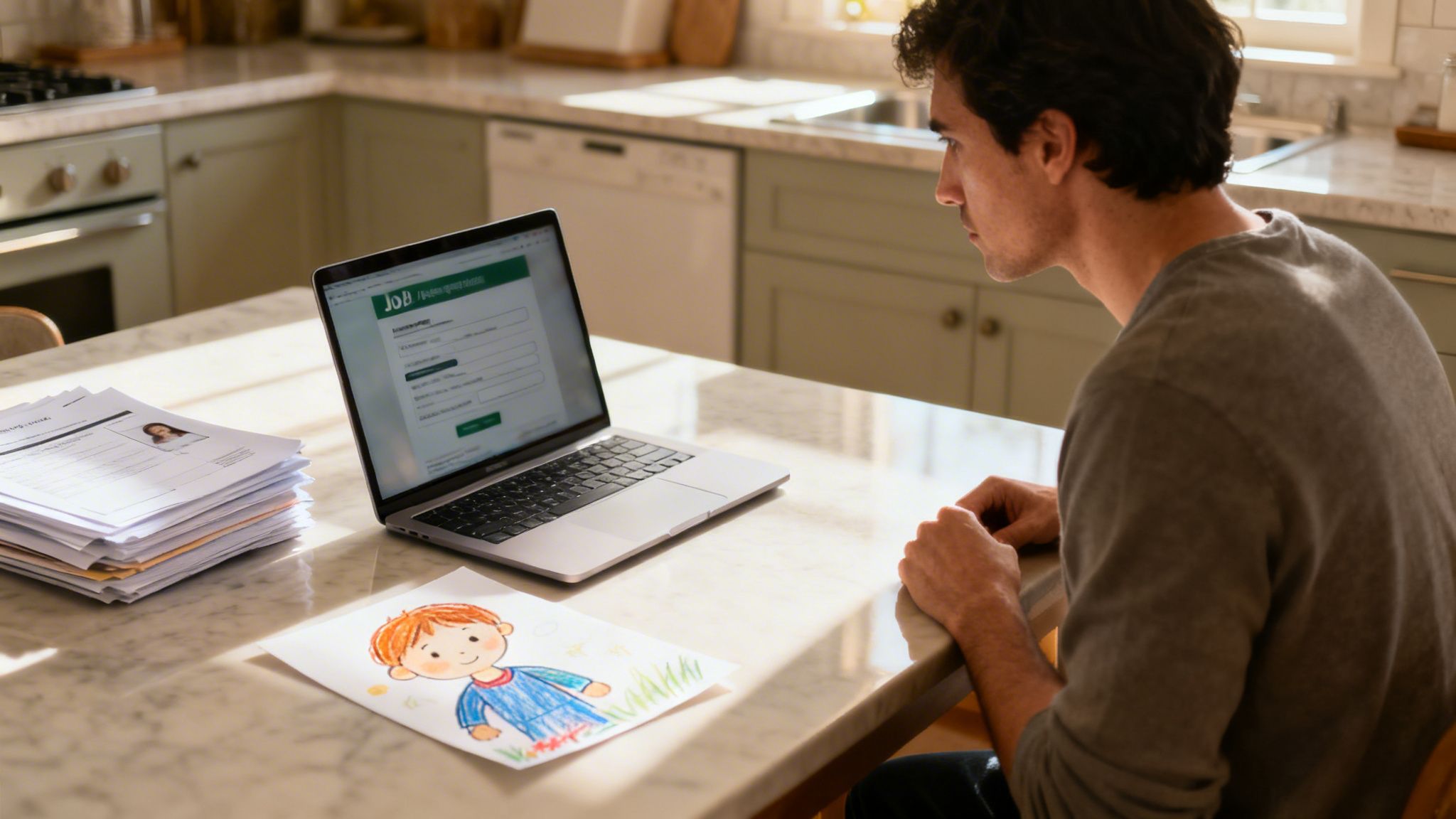 Un hombre revisa una solicitud de empleo en su laptop, con currículums y un dibujo infantil en la mesa.