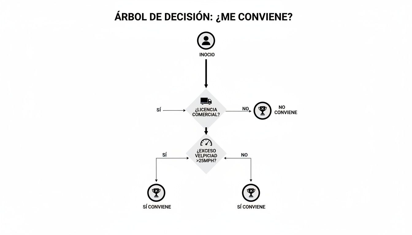 Diagrama de árbol de decisión sobre conveniencia, preguntando por licencia comercial y exceso de velocidad.