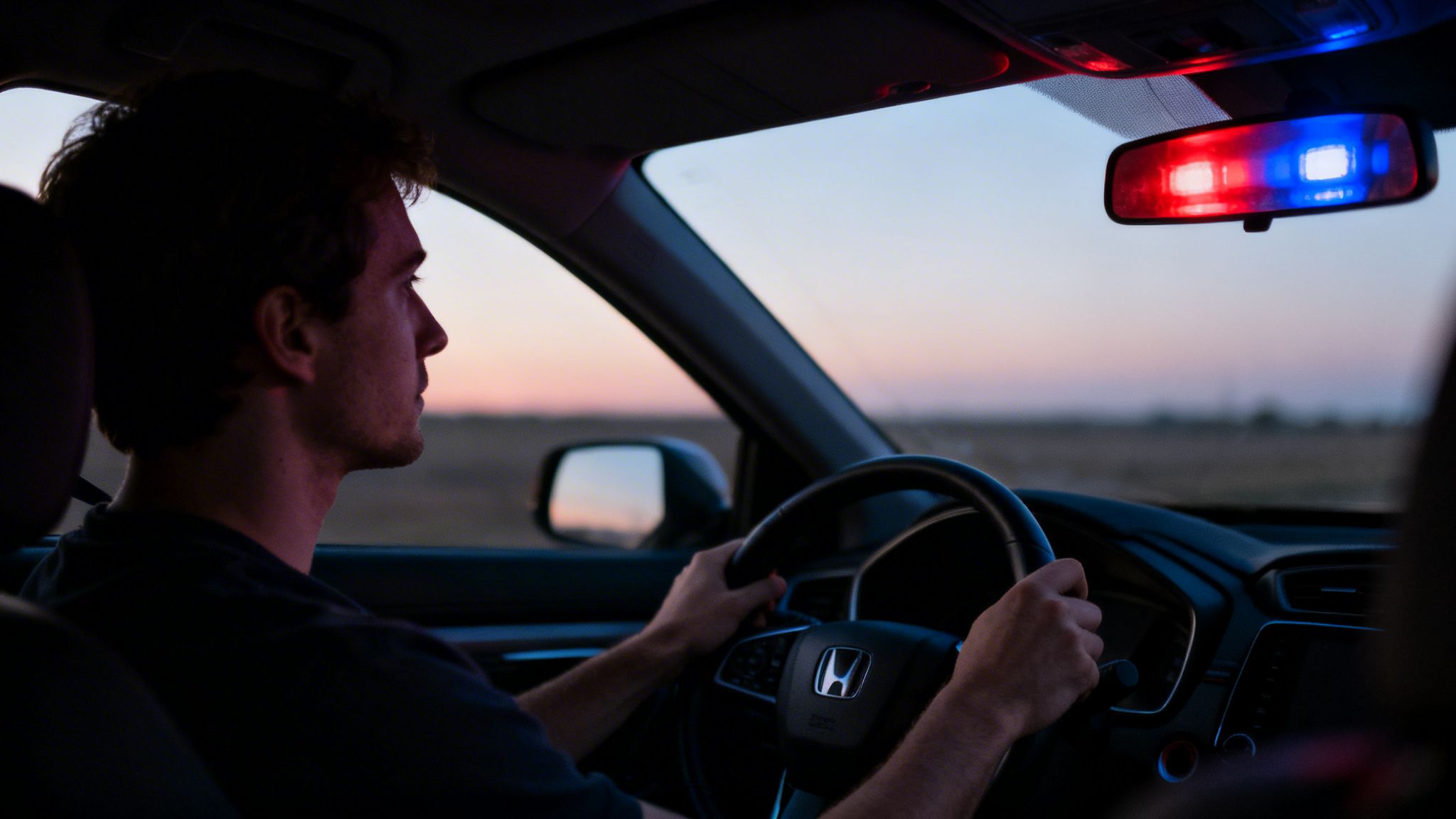 Hombre conduciendo un coche al atardecer con luces de policía reflejadas en el espejo retrovisor.