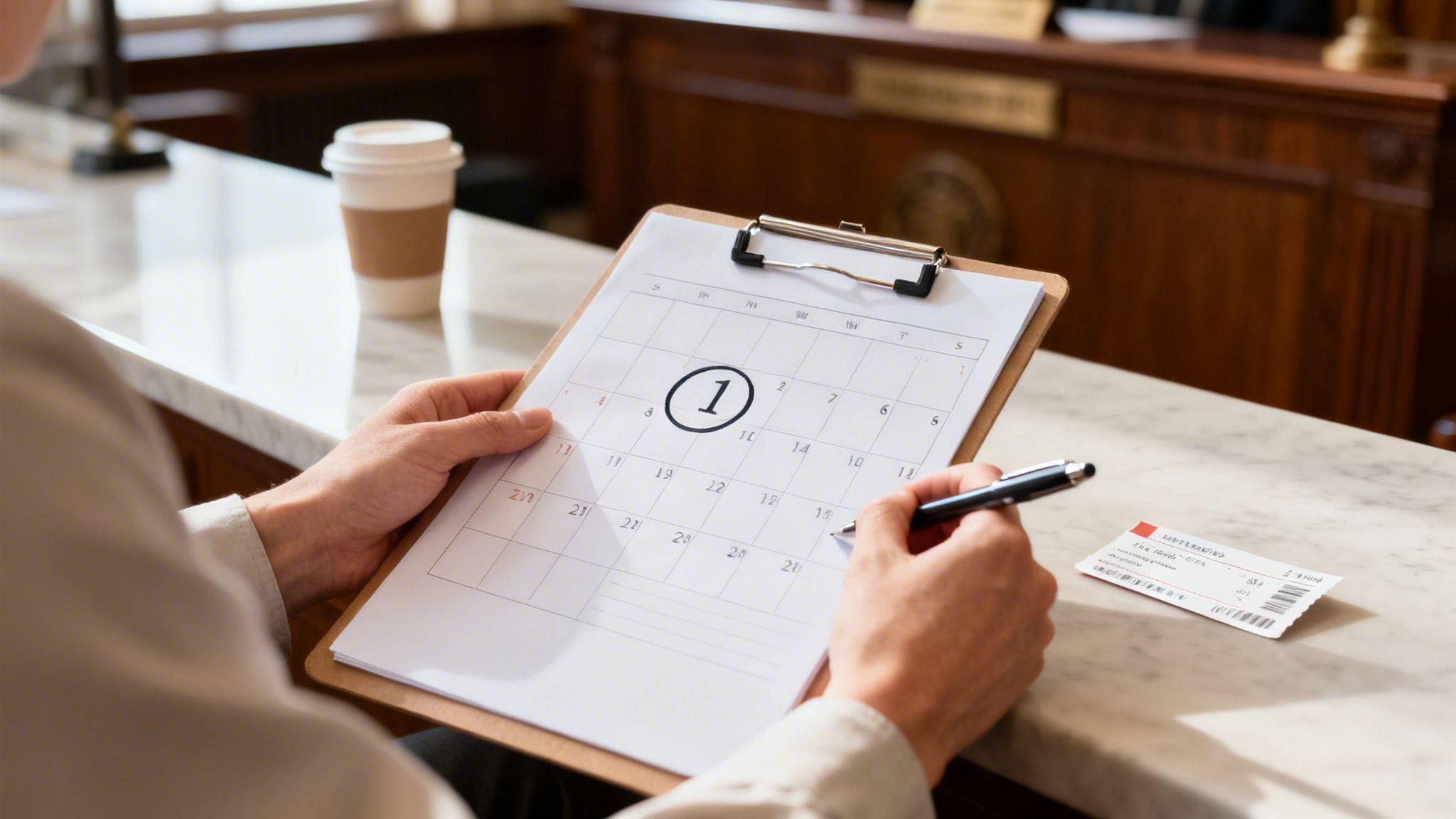 Una persona marca el día 1 en un calendario con un boleto al lado, planificando un viaje.