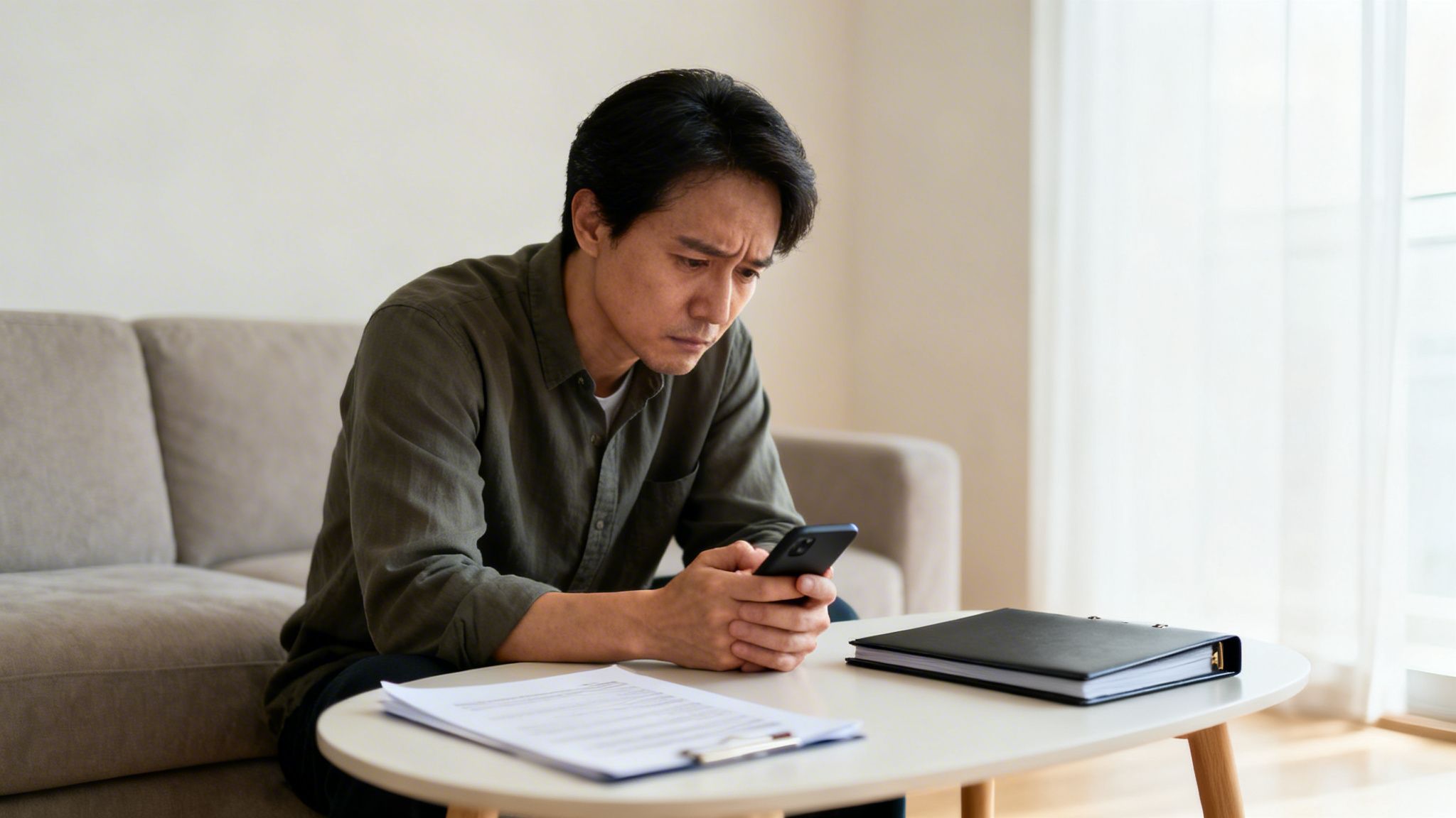 Hombre asiático preocupado mirando su teléfono, sentado en un sofá, con documentos en la mesa.