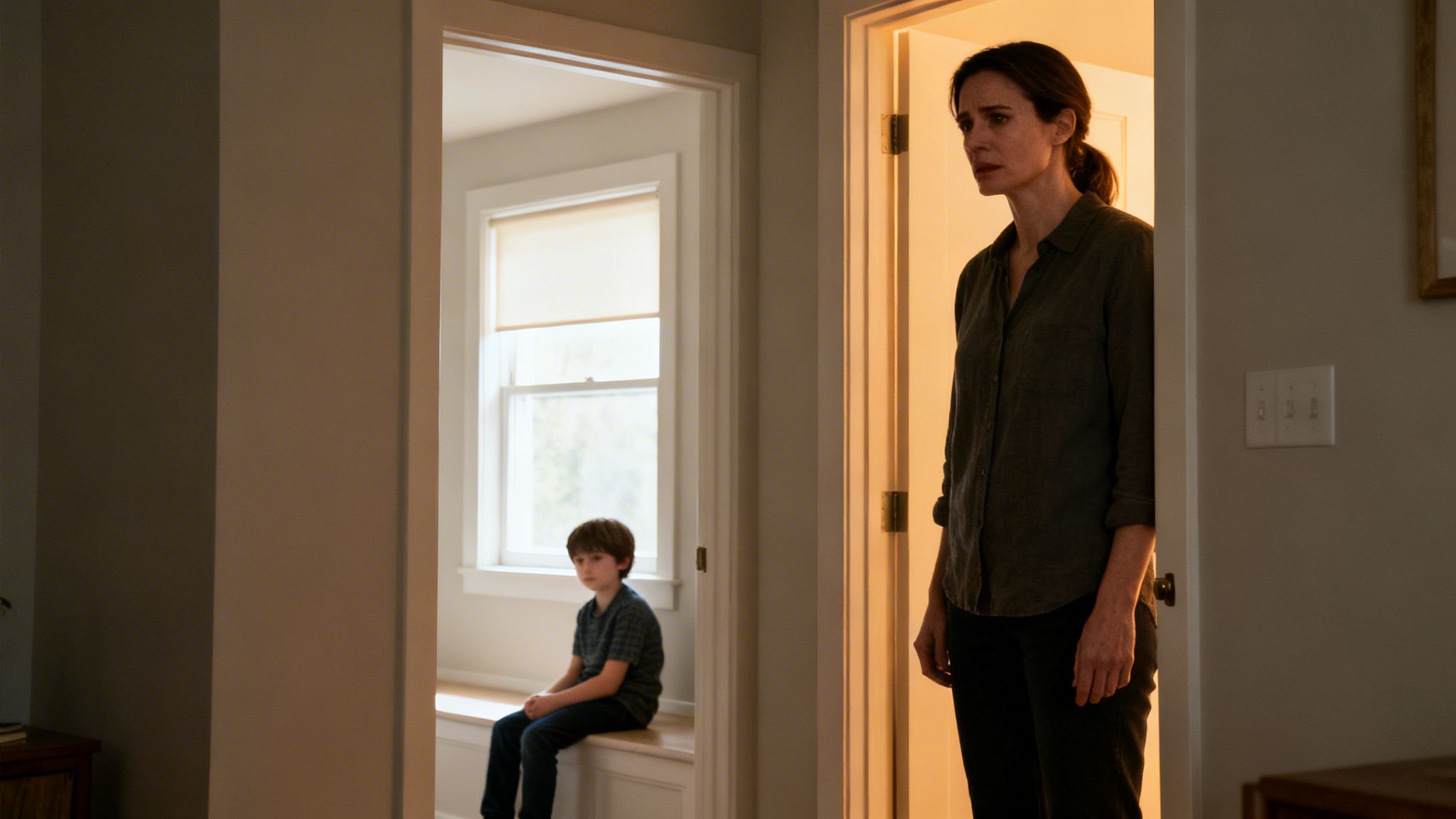 Mujer angustiada en una puerta, observando a un niño sentado tranquilamente cerca de una ventana.