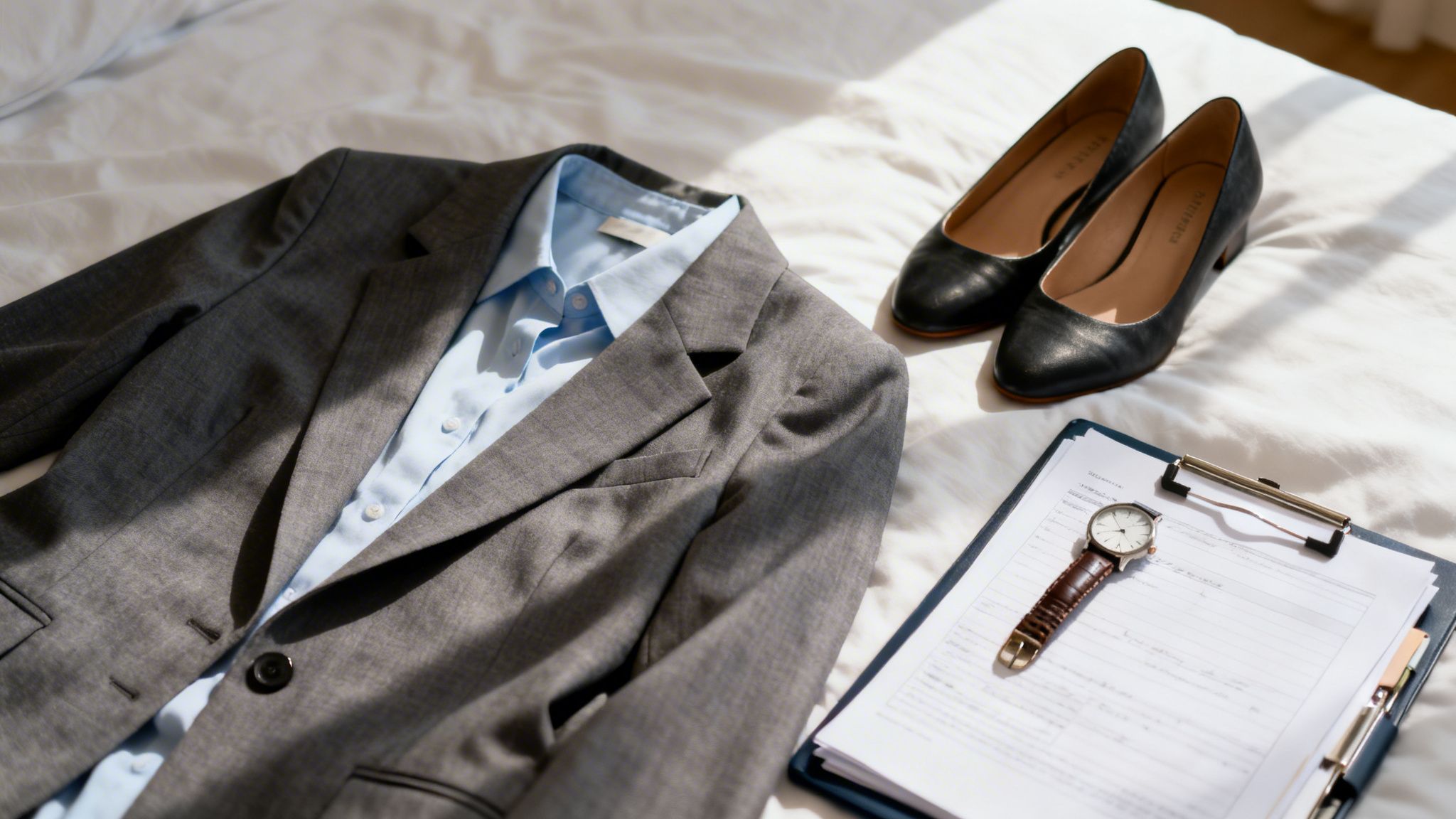 Traje gris, camisa azul, tacones, portapapeles y reloj en la cama, listos para un día de trabajo.