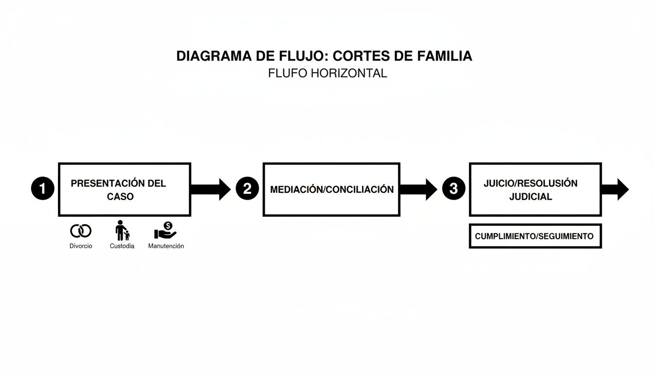 Diagrama de flujo horizontal que ilustra los procesos de las cortes de familia para divorcio, custodia y manutención.