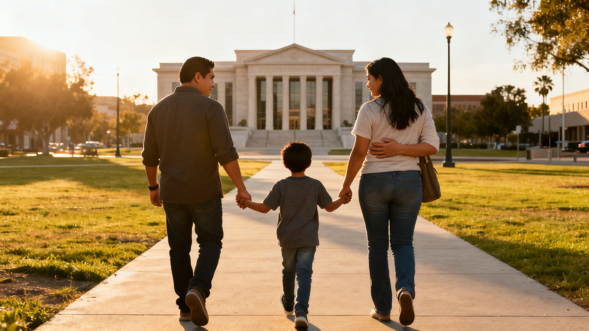 Familia hispana caminando hacia un edificio gubernamental o juzgado al atardecer, tomados de la mano.