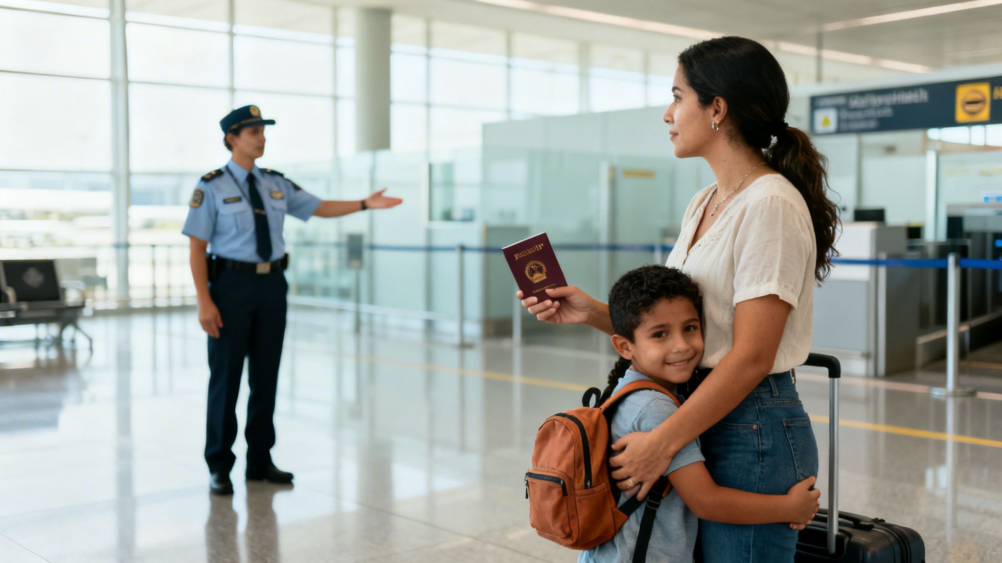 Madre e hijo con pasaporte en aeropuerto, listos para emigrar, guiados por un oficial de seguridad.