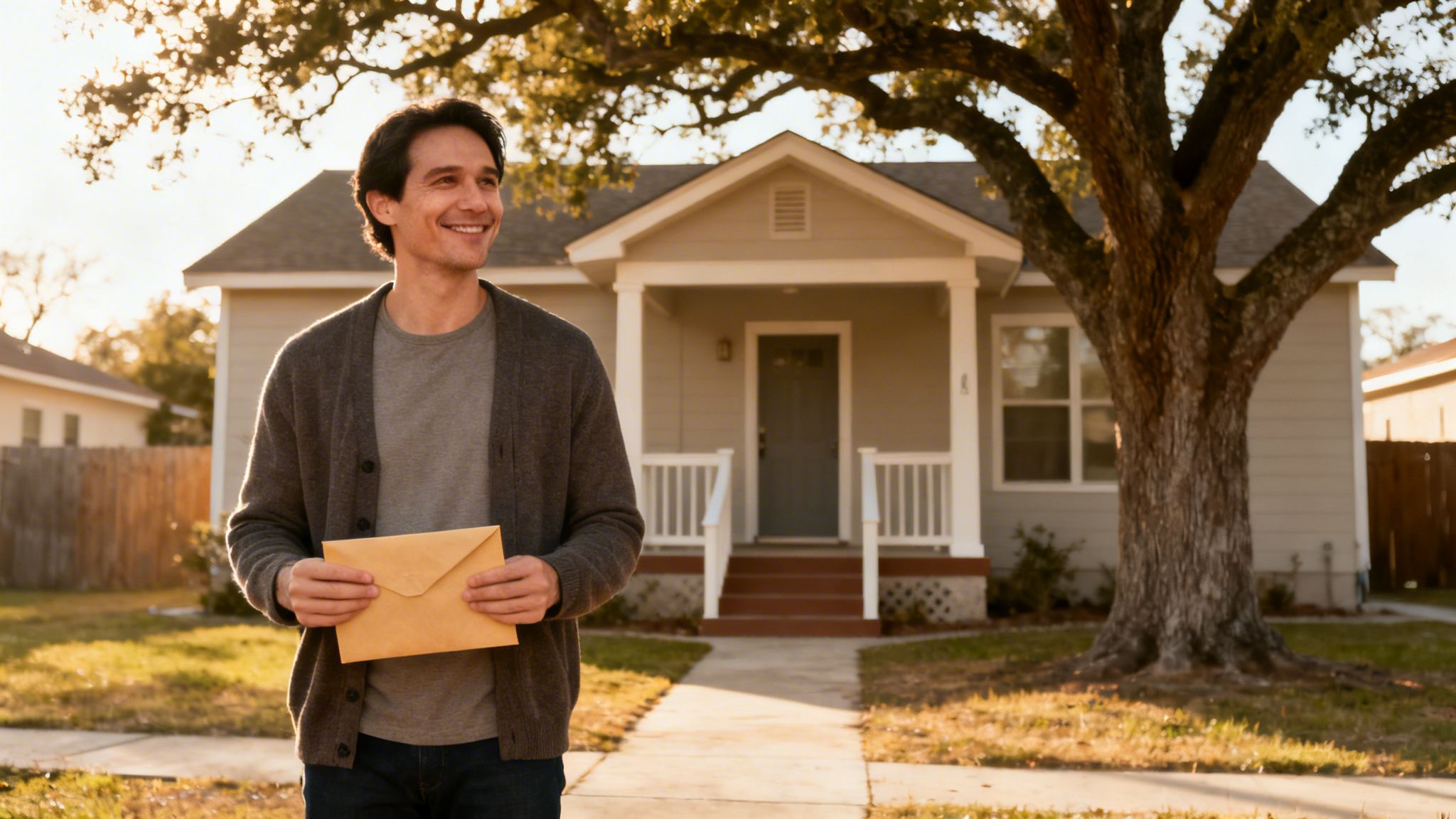 Un hombre sonriendo, sosteniendo un sobre, en una acera frente a una casa al atardecer.