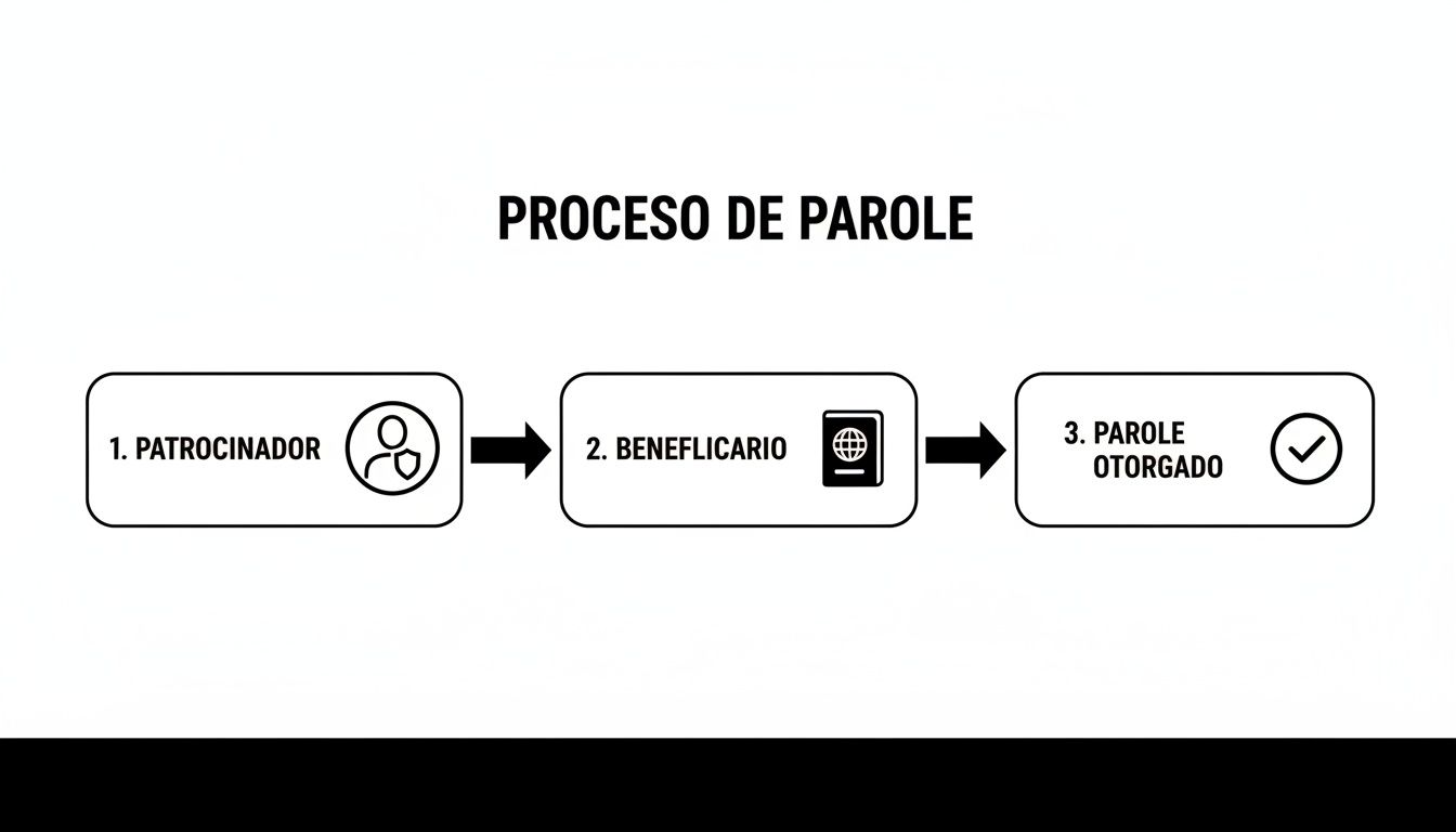Un diagrama de flujo ilustra el proceso de parole, mostrando los pasos desde el patrocinador hasta el beneficiario y la concesión del parole.