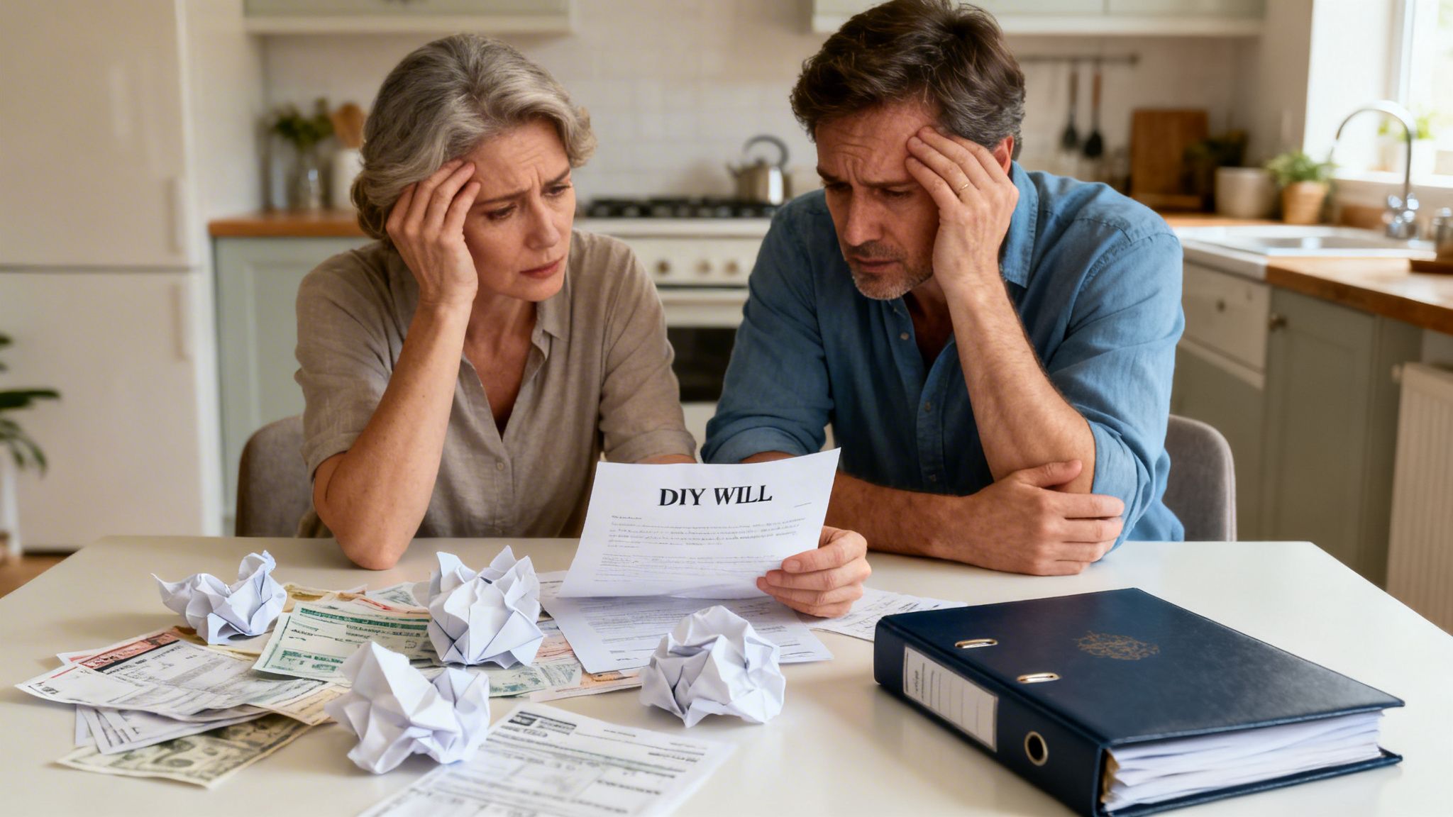 Pareja madura estresada lee un documento de "DIY WILL" en casa, rodeados de papeles.