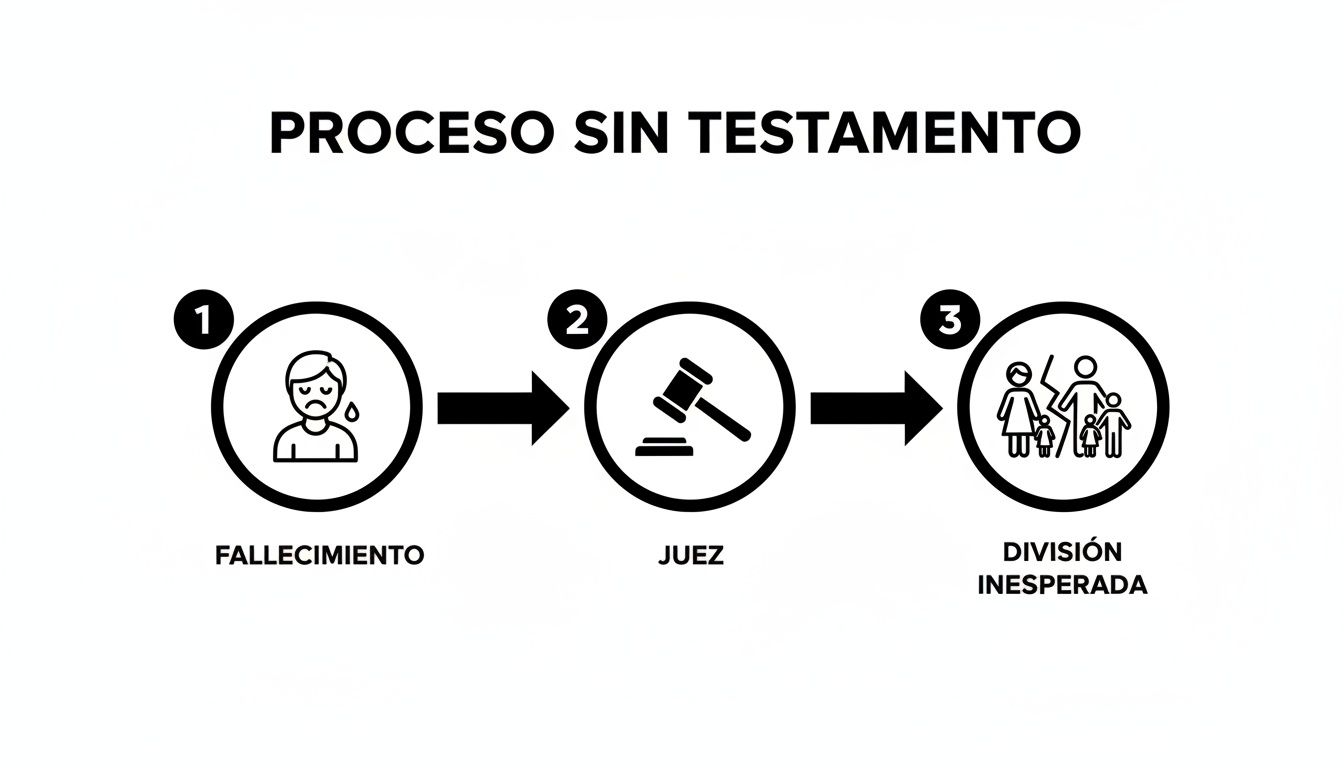 Diagrama de flujo mostrando las consecuencias de un proceso sin testamento: fallecimiento, juez y división familiar inesperada.