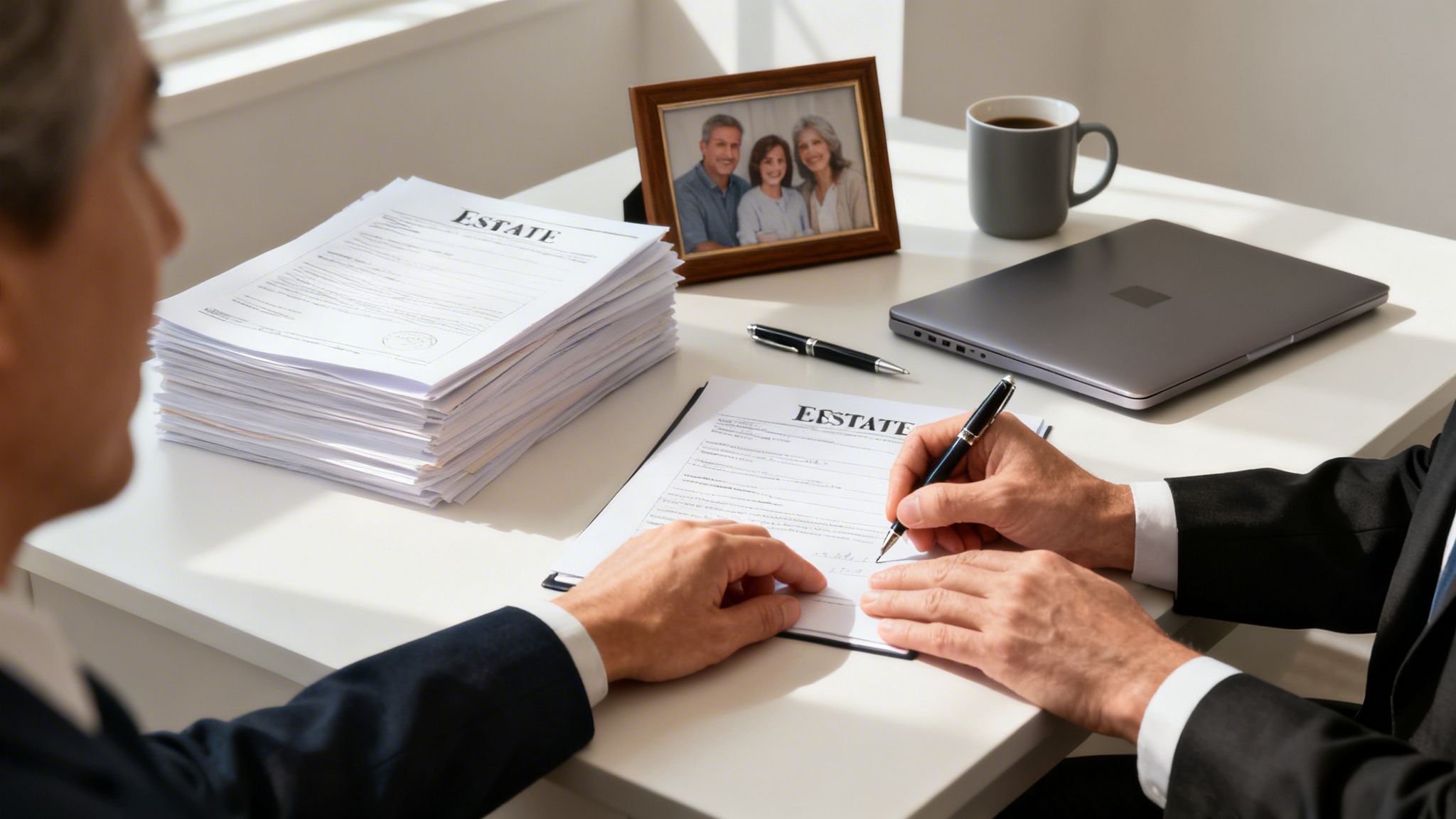 Hombre de negocios firmando documentos de testamento con un bolígrafo. Hay una pila de papeles y una foto familiar en el escritorio.