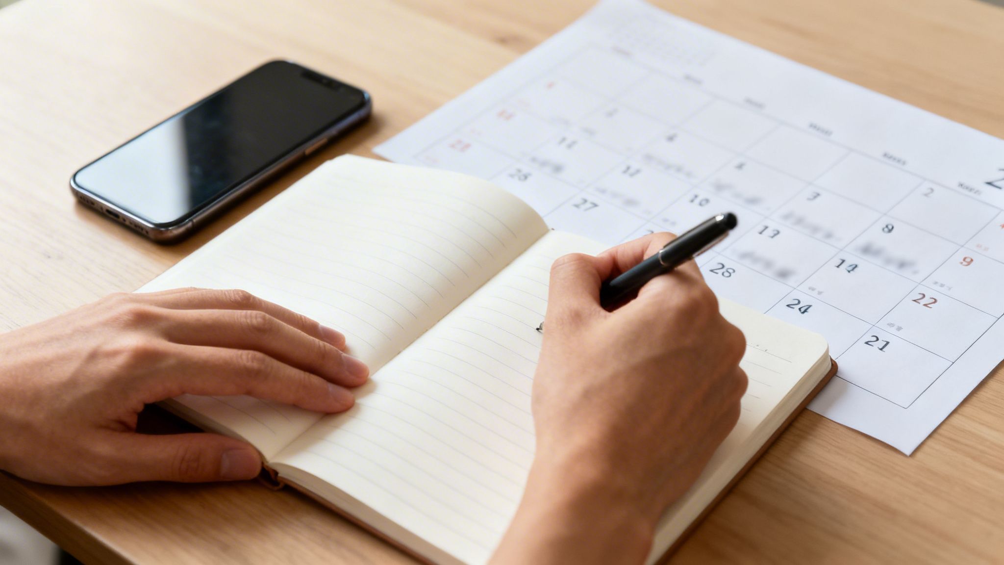 Persona escribiendo en un cuaderno con bolígrafo, smartphone y calendario sobre un escritorio de madera.