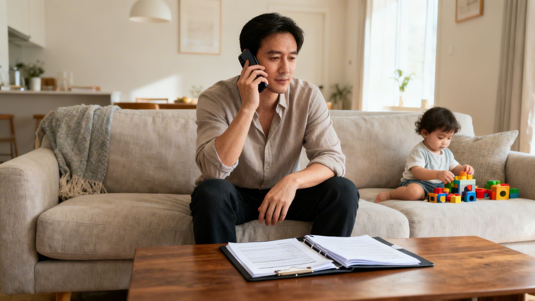 Un hombre habla por teléfono en un sofá, mientras un niño pequeño juega con bloques coloridos en casa.