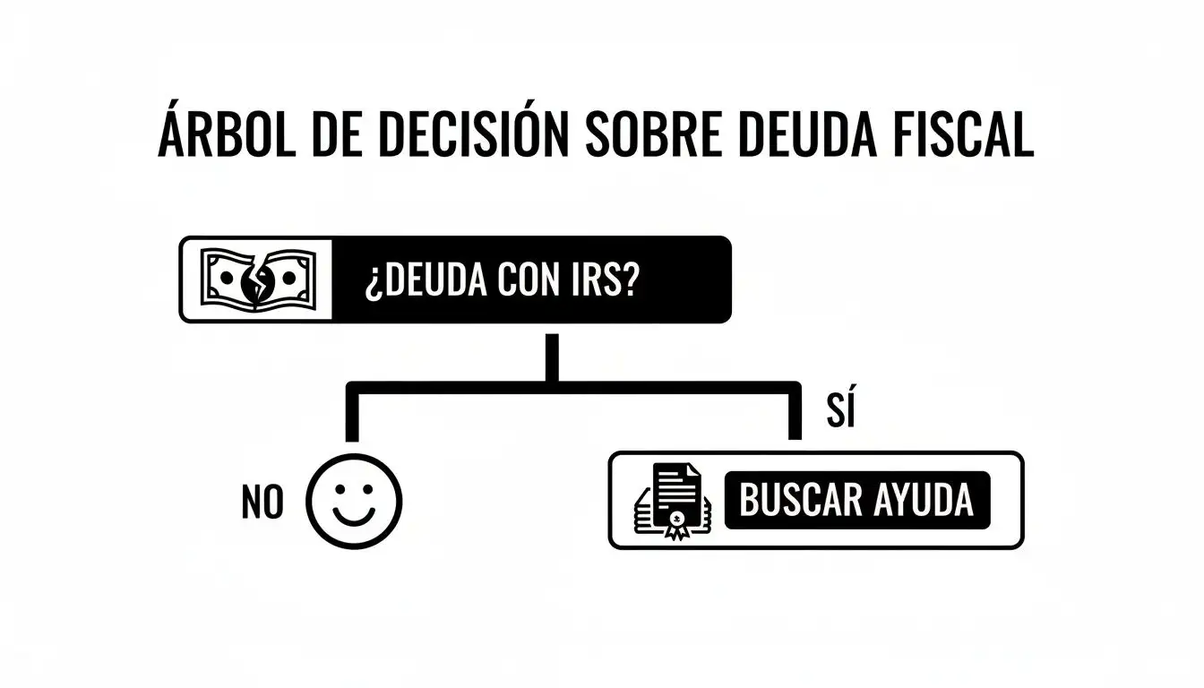 Diagrama de flujo simple sobre deuda fiscal con el IRS: ¿Tienes deuda? Si sí, busca ayuda; si no, estás bien.