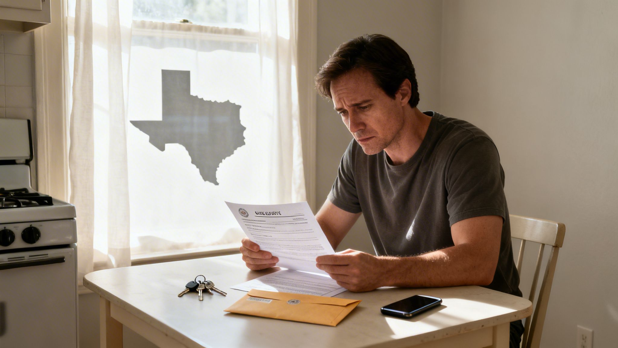Un hombre preocupado leyendo documentos legales en una mesa de cocina, con un mapa de Texas de fondo.