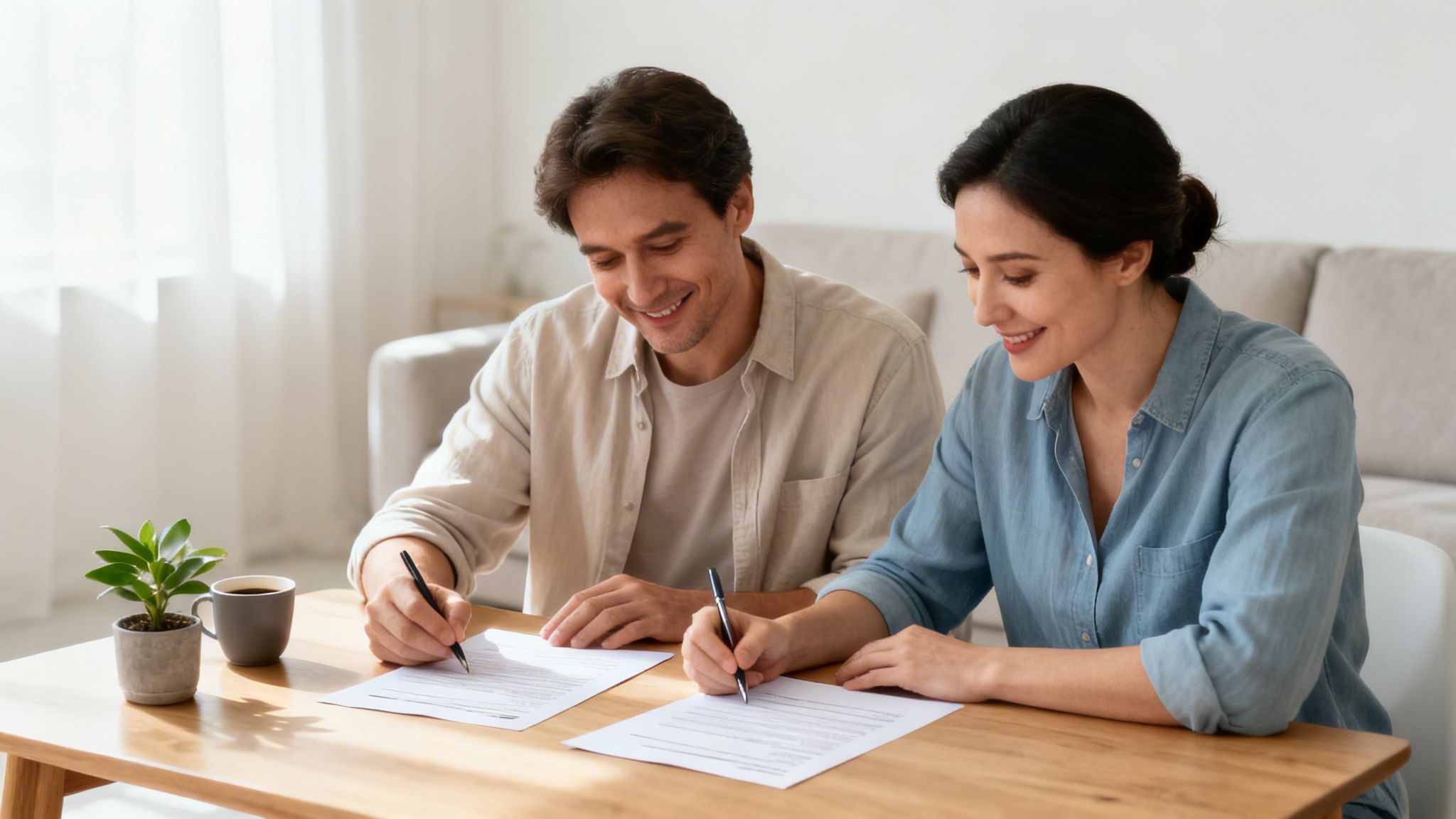 Pareja sonriente firma documentos importantes en casa, con planta y café en la mesa.