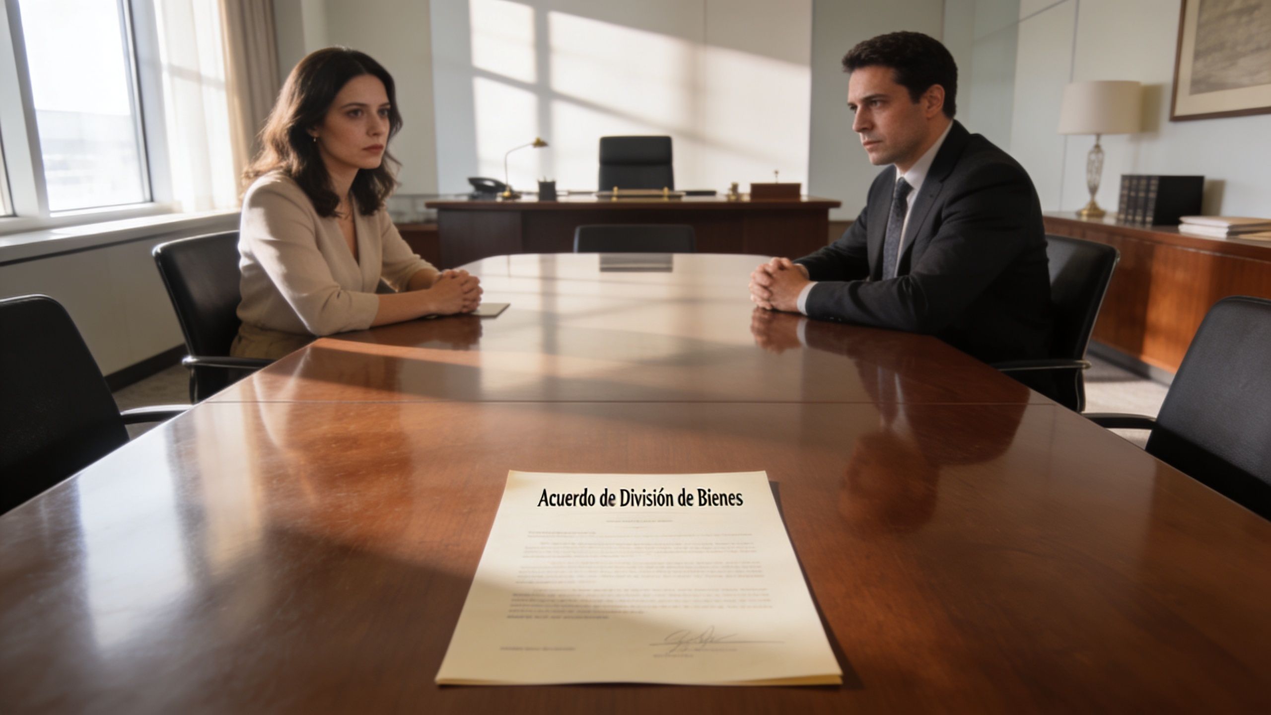 Una pareja sentada en una sala de juntas frente a un documento de acuerdo de división de bienes.