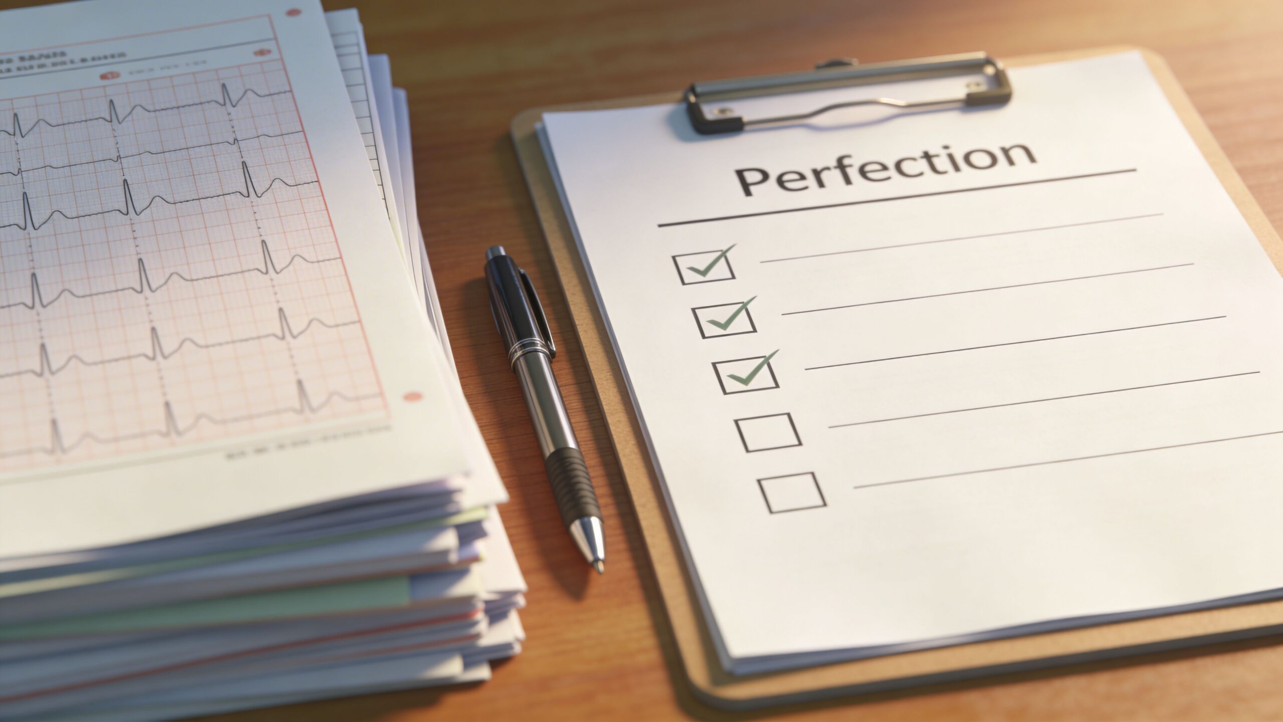 Una lista de verificación con la palabra perfección junto a un electrocardiograma y un bolígrafo en una oficina.