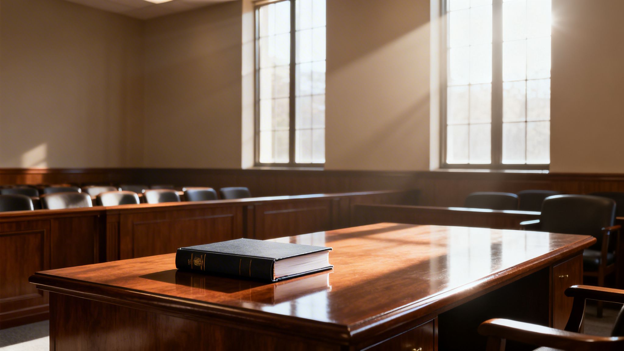 Un libro de leyes oscuro descansa sobre un escritorio de madera brillante en una sala de tribunal. La luz del sol entra por las ventanas al fondo.