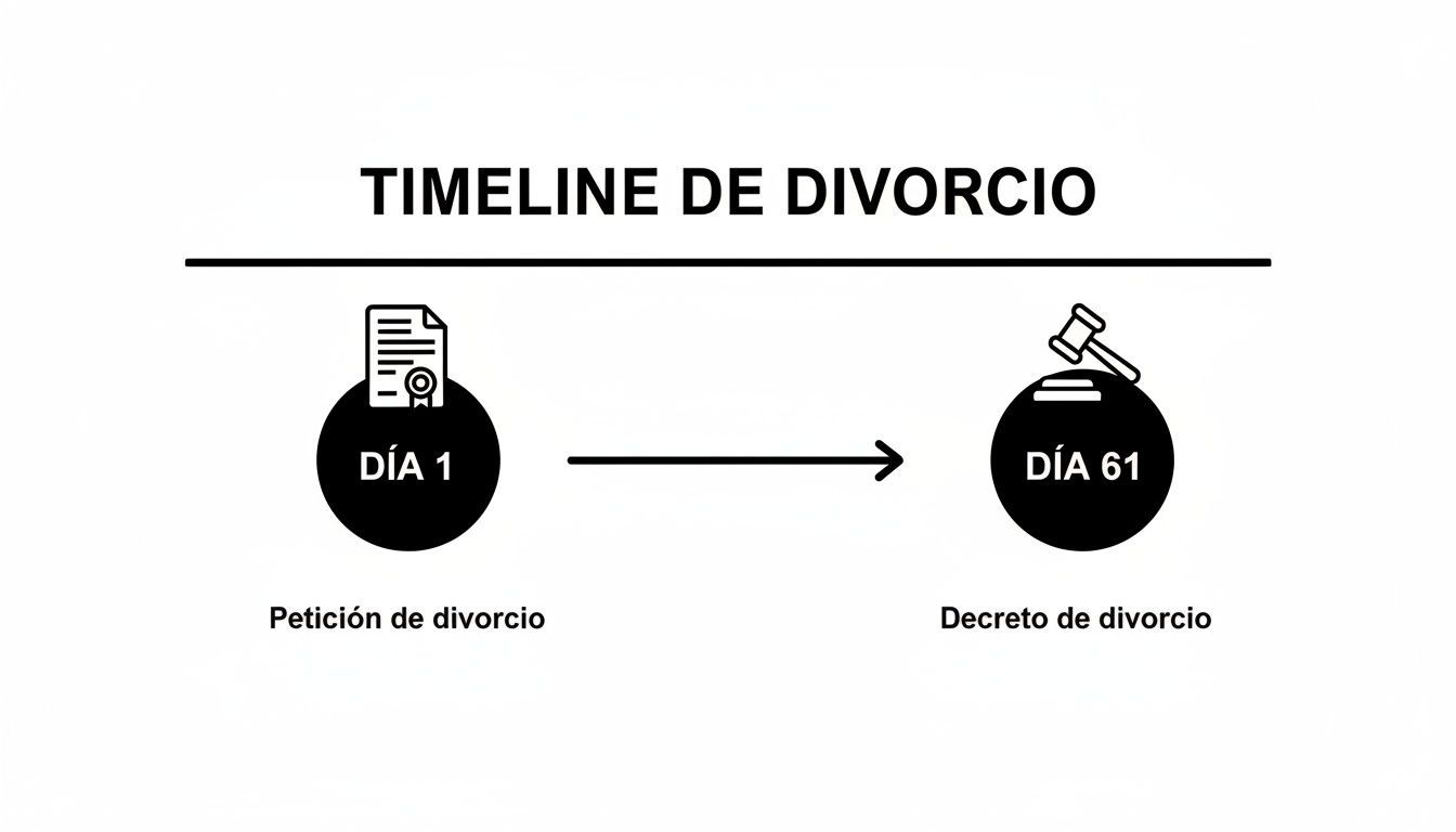 Infografía que ilustra la línea de tiempo del proceso de divorcio, mostrando la petición en el día 1 y el decreto en el día 61.