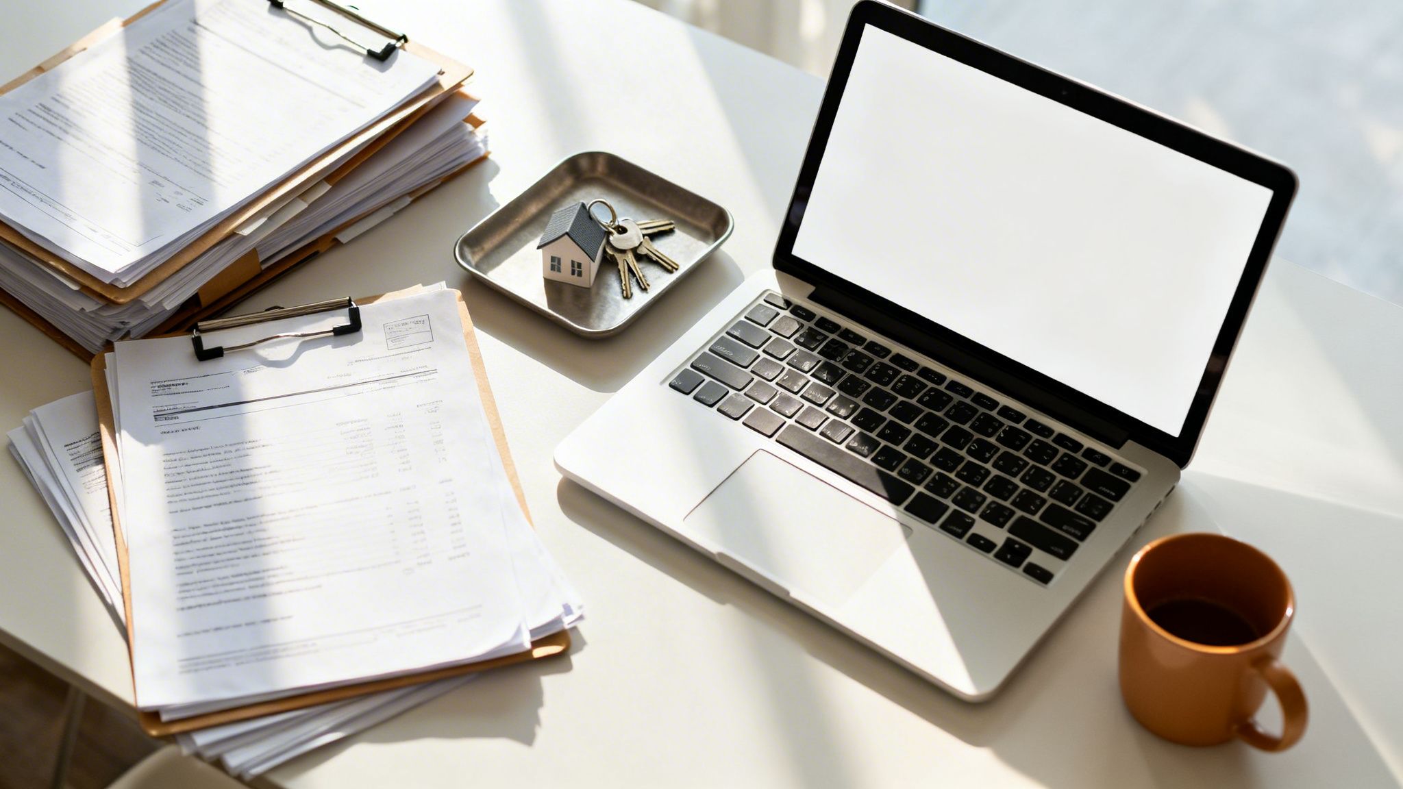 Escritorio con laptop, documentos, modelo de casa y llaves, ideal para temas inmobiliarios o financieros.