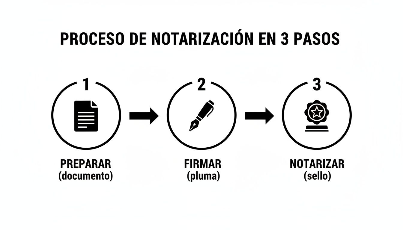 Diagrama que ilustra el proceso de notarización en 3 pasos: preparar documento, firmar y notariar con un sello.