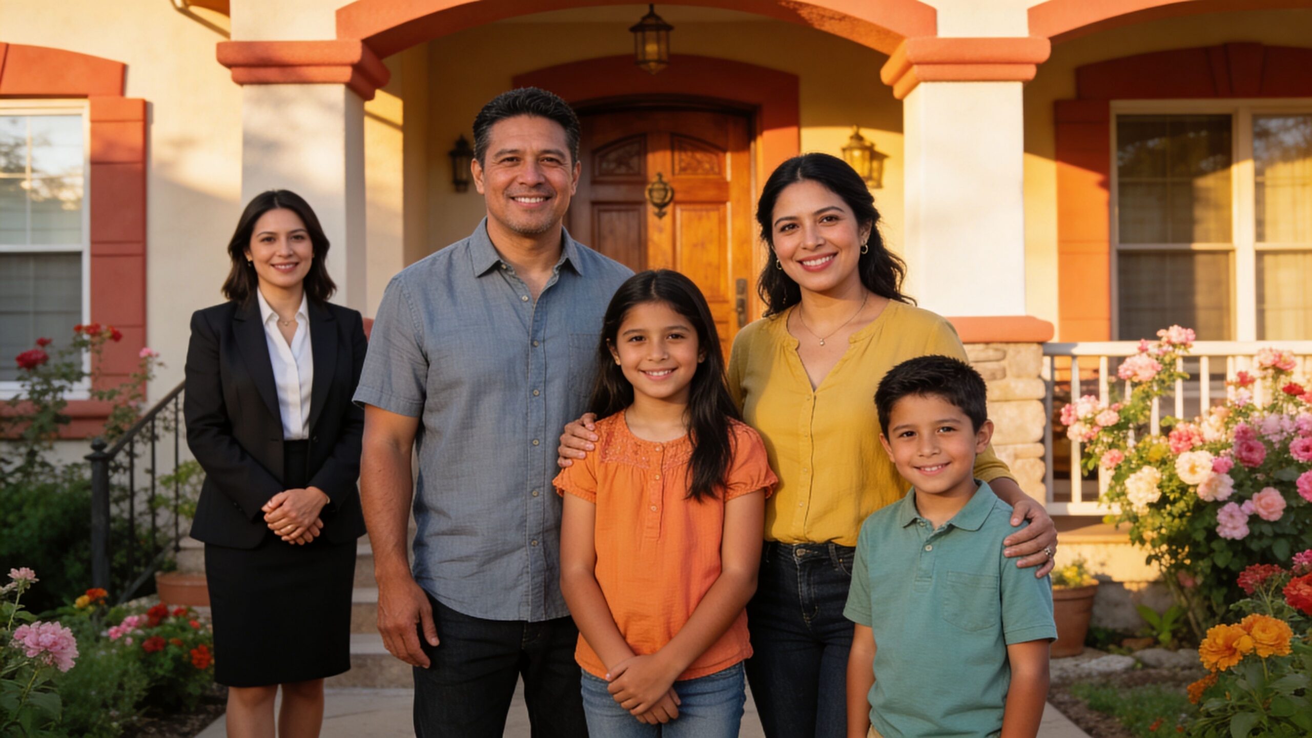 Familia hispana sonriente de pie junto a su abogada frente a su nueva casa en un día soleado.