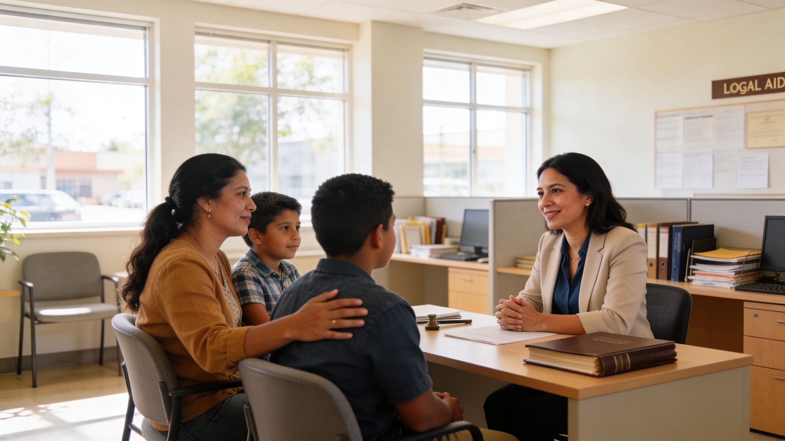 Una abogada de inmigración atiende a una madre y sus dos hijos en una oficina legal moderna.