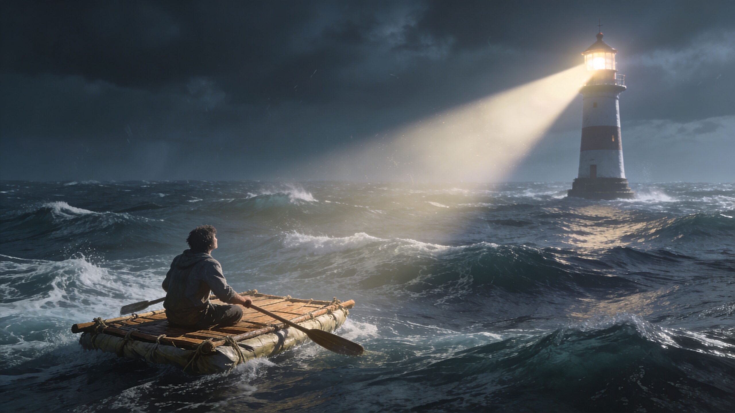 Una persona sola en una balsa de madera navegando en un mar tormentoso hacia un faro brillante.