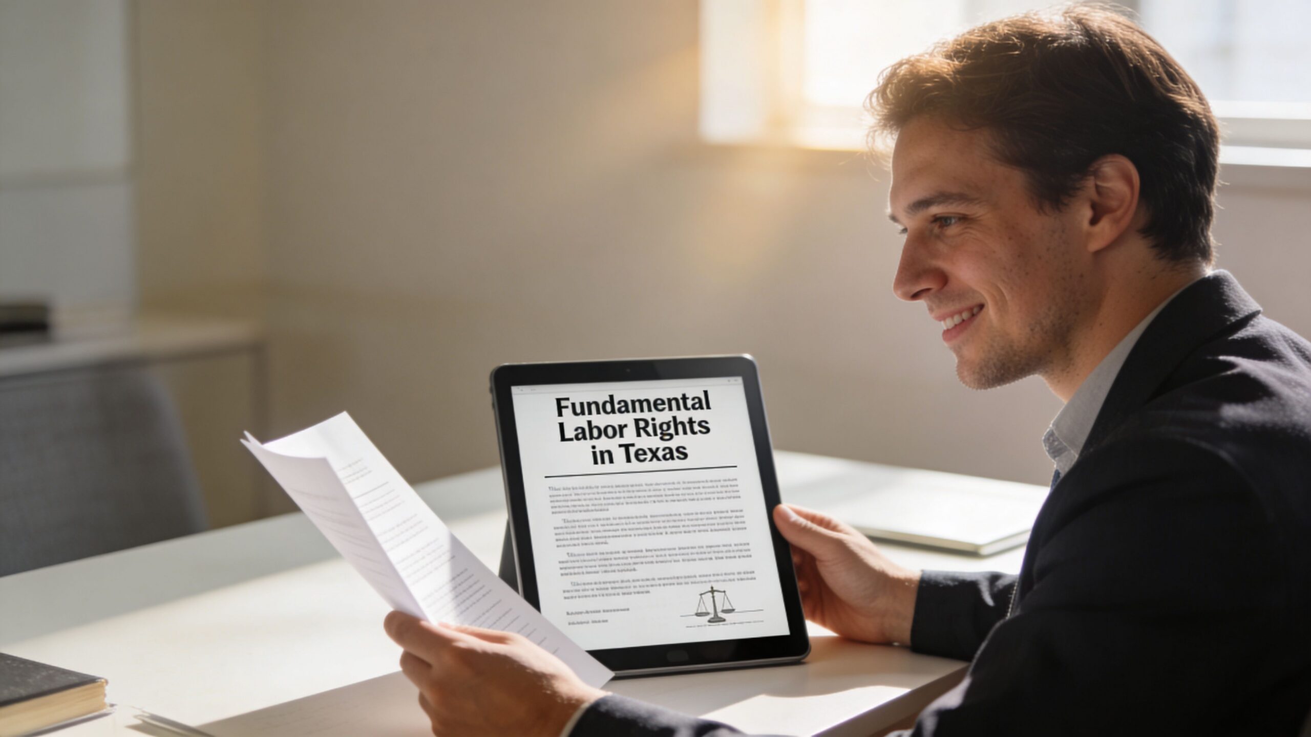 Un hombre sonriente en traje revisa documentos legales junto a una tableta sobre derechos laborales en Texas.