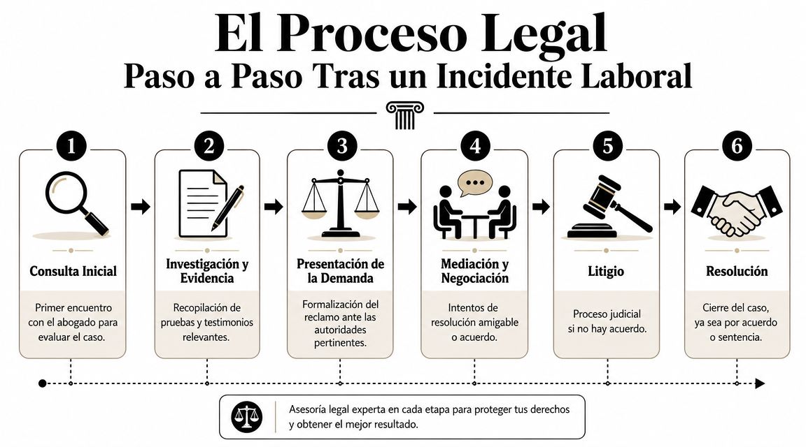Infografía que muestra los seis pasos del proceso legal tras un incidente laboral con asesoría experta.