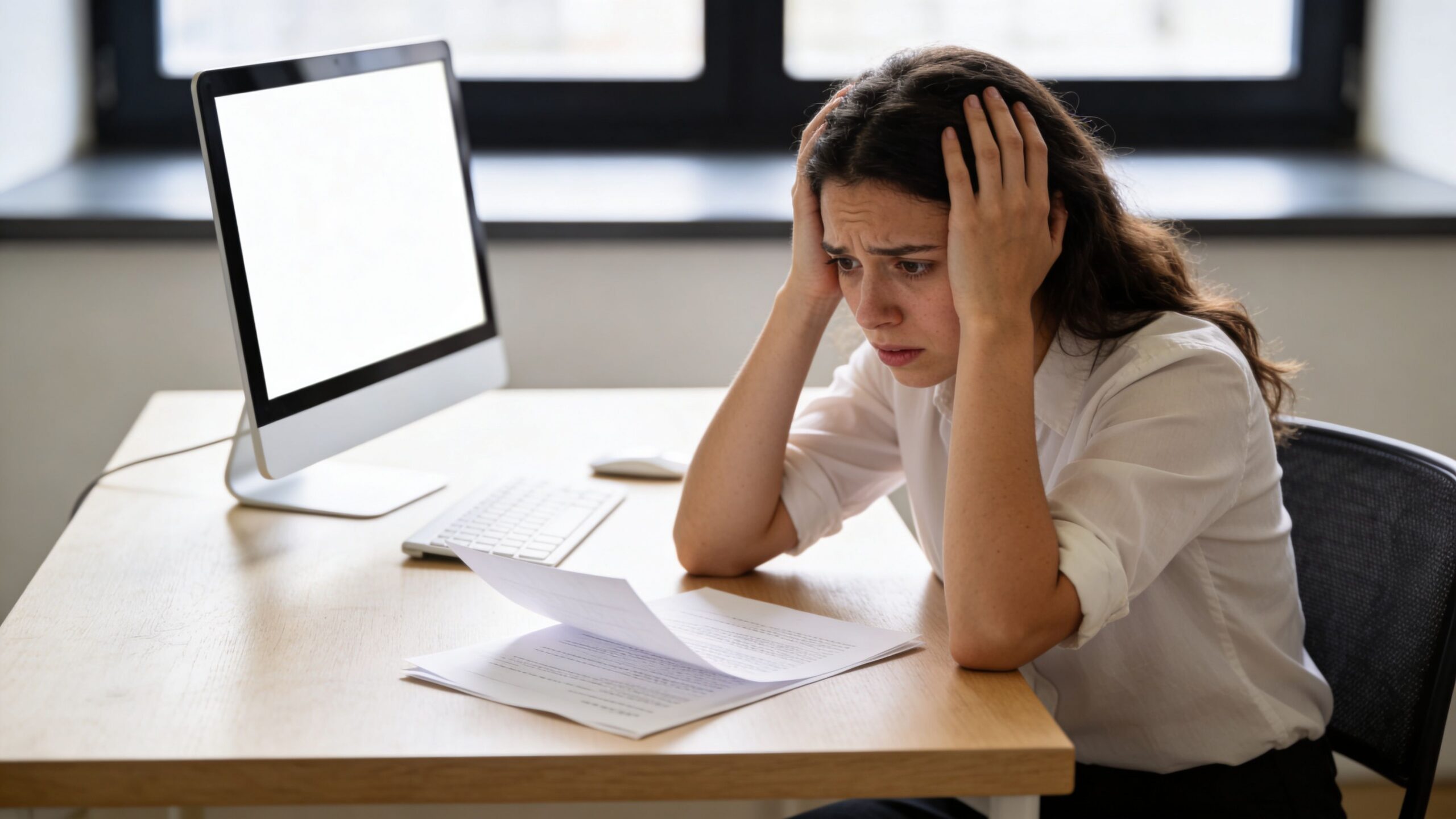 Una empleada estresada lee documentos de trabajo con preocupación en su oficina frente a una computadora.