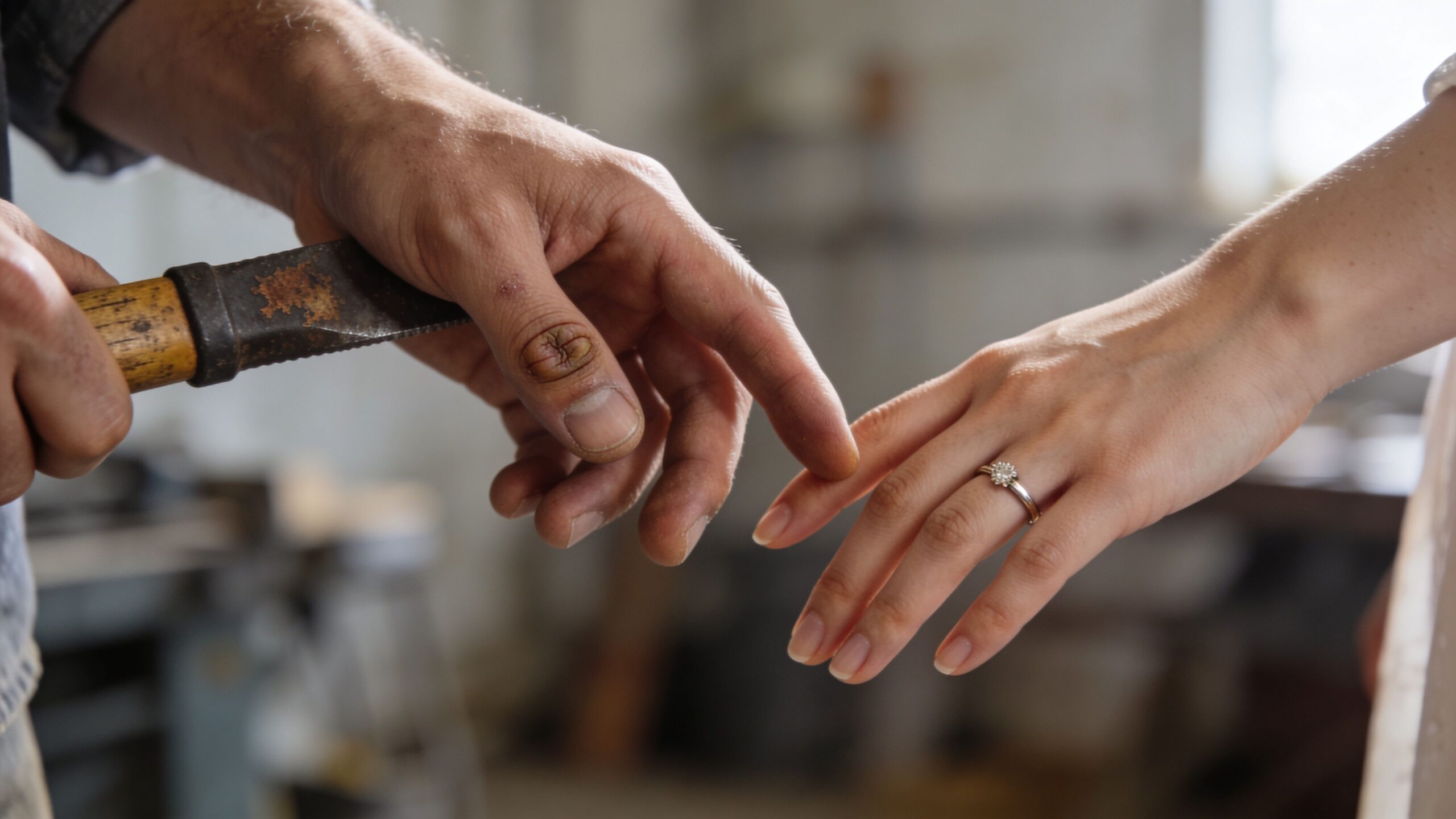 Una mano de trabajador con herramienta y otra mano delicada con anillo de compromiso, simbolizando compromiso laboral.
