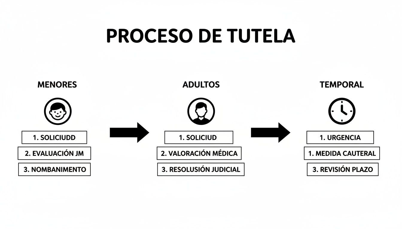 Diagrama del proceso de tutela, mostrando los pasos para menores, adultos y tutelas temporales.